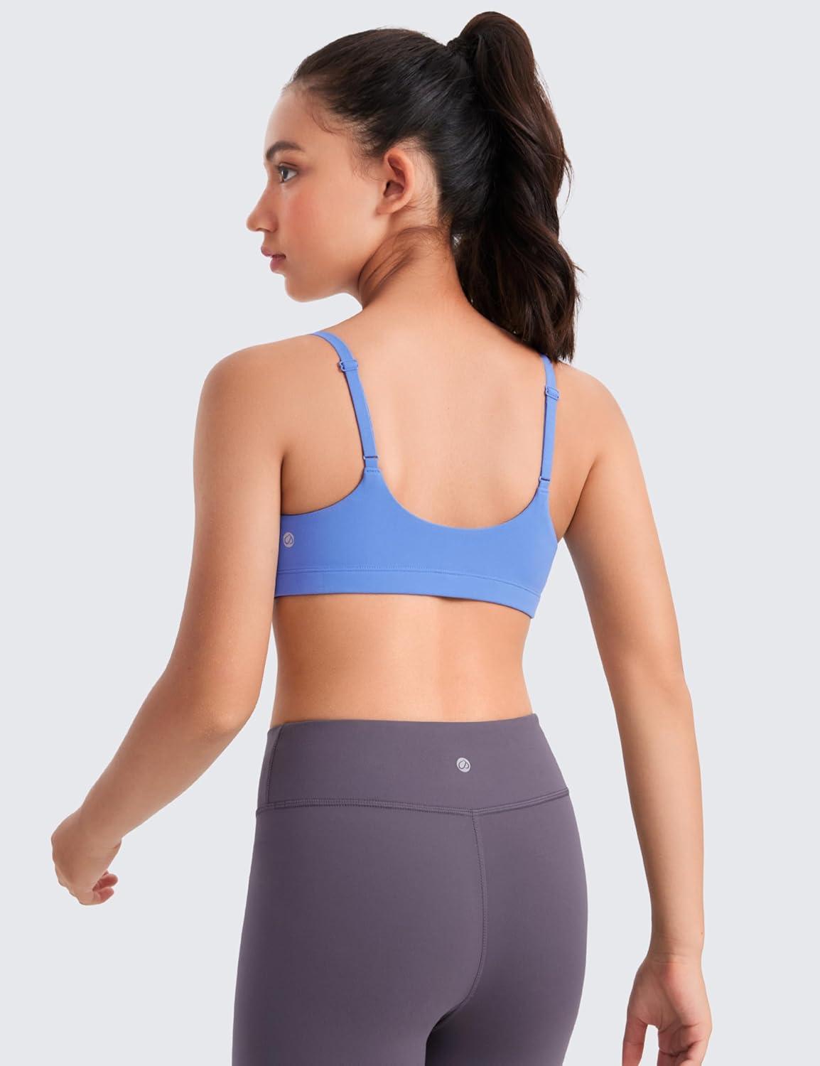 imageCRZ YOGA Girls Butterluxe Adjustable Spaghetti Strap Sports Bra Yoga Athletic Casual Scoop Neck Crop Padded Kids TeenWild Indigo