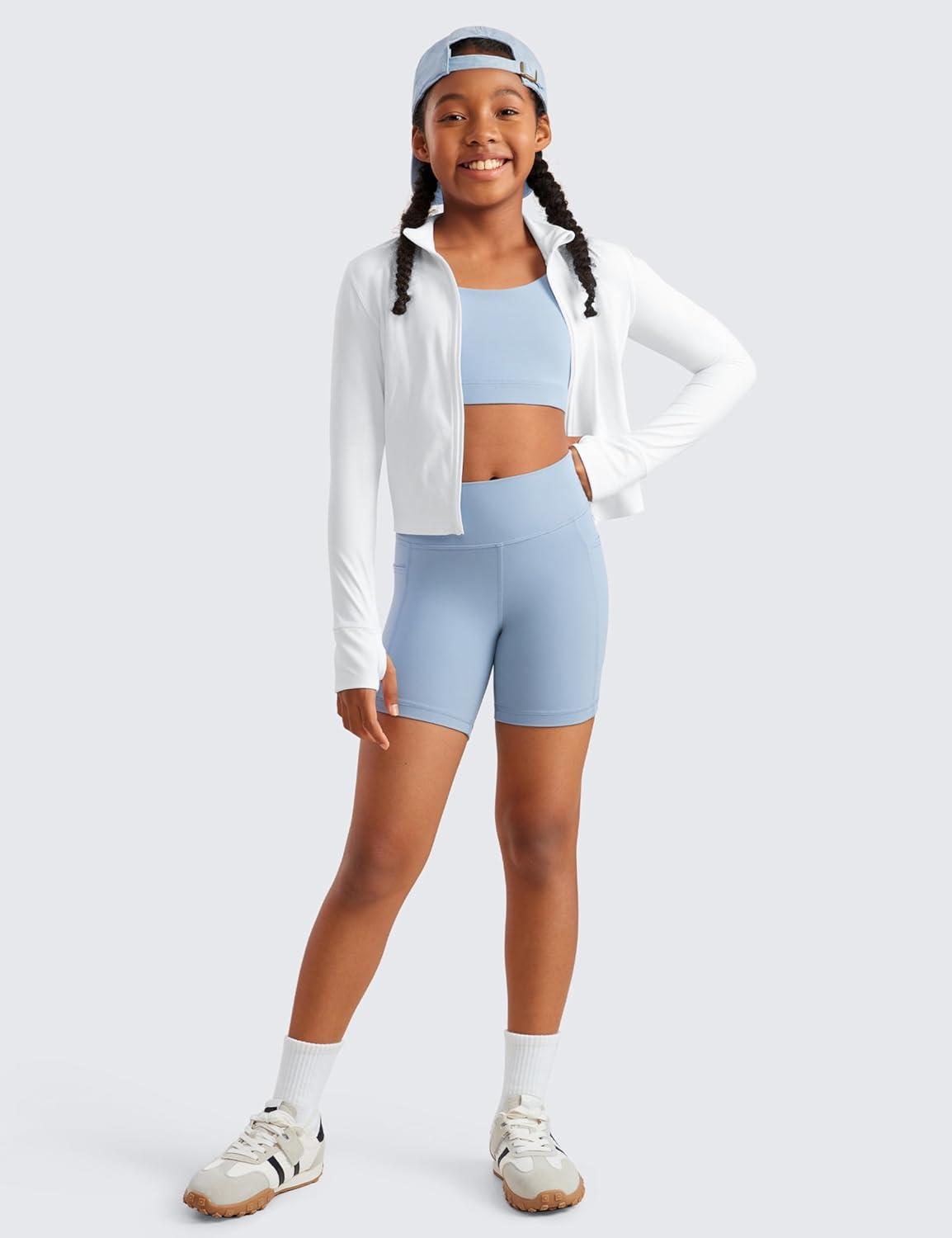 imageCRZ YOGA Girls Butterluxe Athletic Biker Shorts with Pockets Dance Yoga Casual High Waist Kids Teen SummerCambric Blue