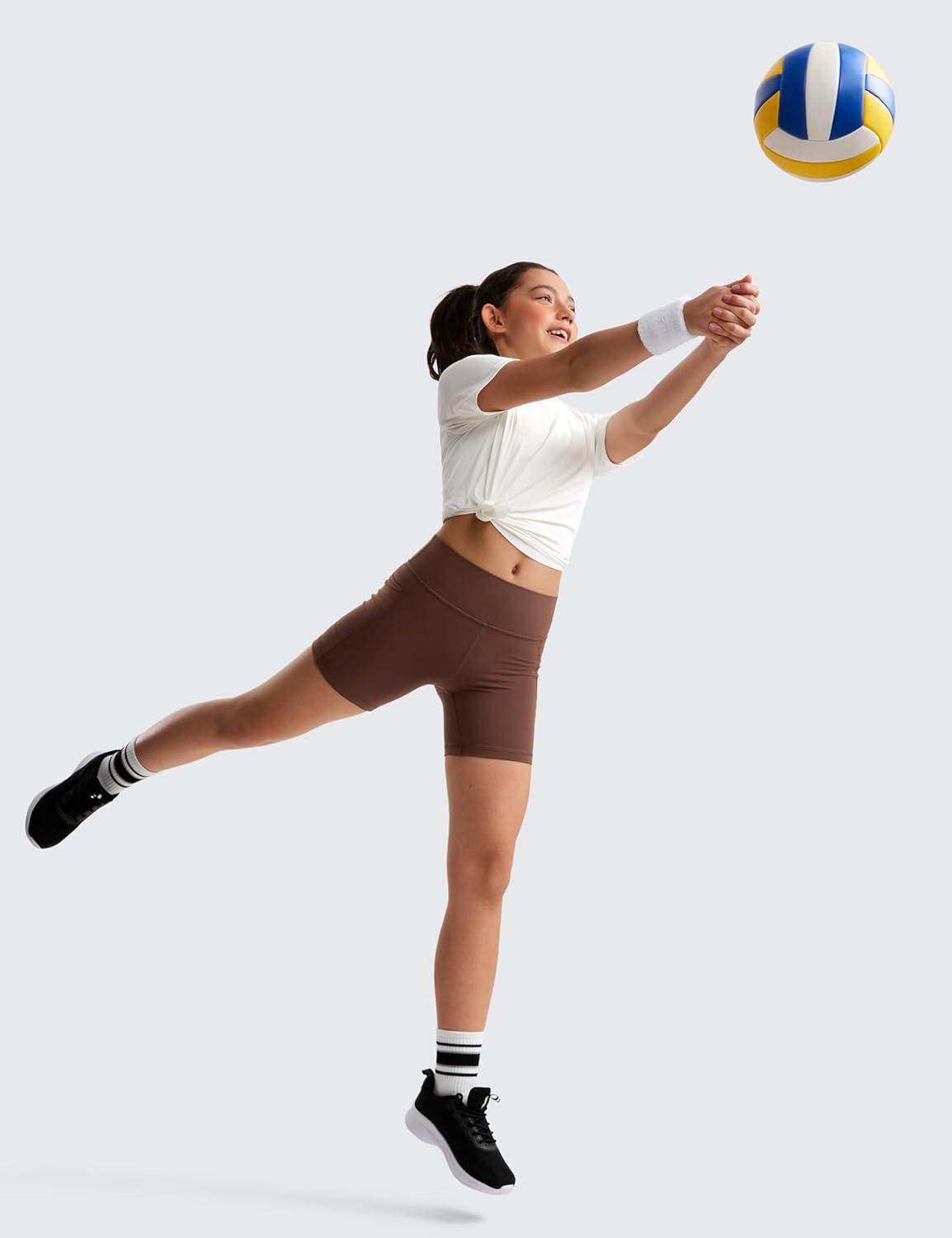 imageCRZ YOGA Girls Butterluxe Athletic Biker Shorts with Pockets Dance Yoga Casual High Waist Kids Teen SummerCoffee Brown