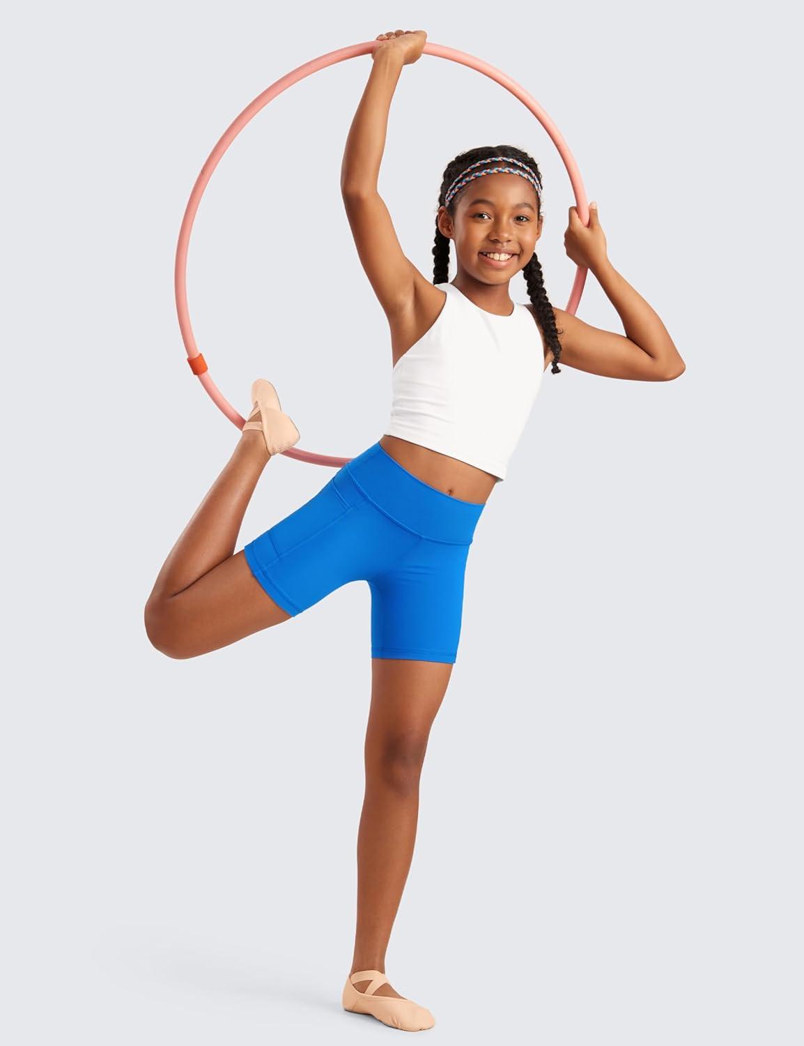 imageCRZ YOGA Girls Butterluxe Athletic Biker Shorts with Pockets Dance Yoga Casual High Waist Kids Teen SummerSparkle Blue