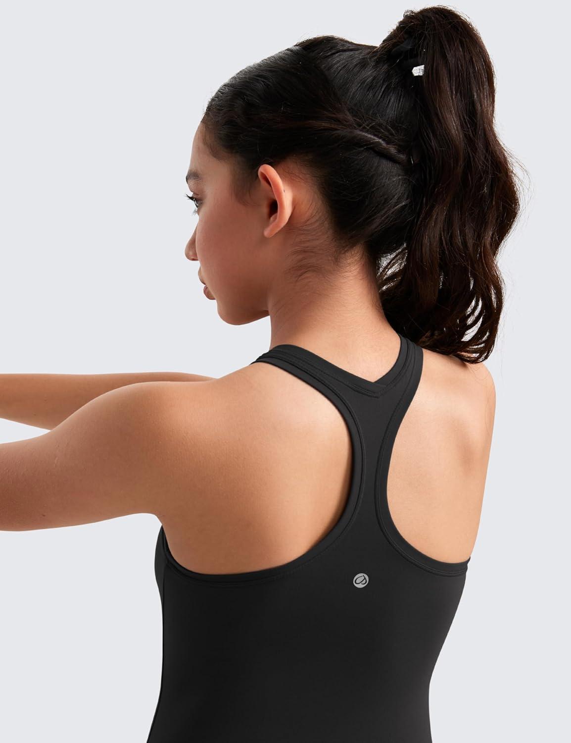 imageCRZ YOGA Girls Butterluxe Crew Neck Tank Tops Waist Length Dance Yoga Athletic Casual Racerback Tight Kids TeenBlack