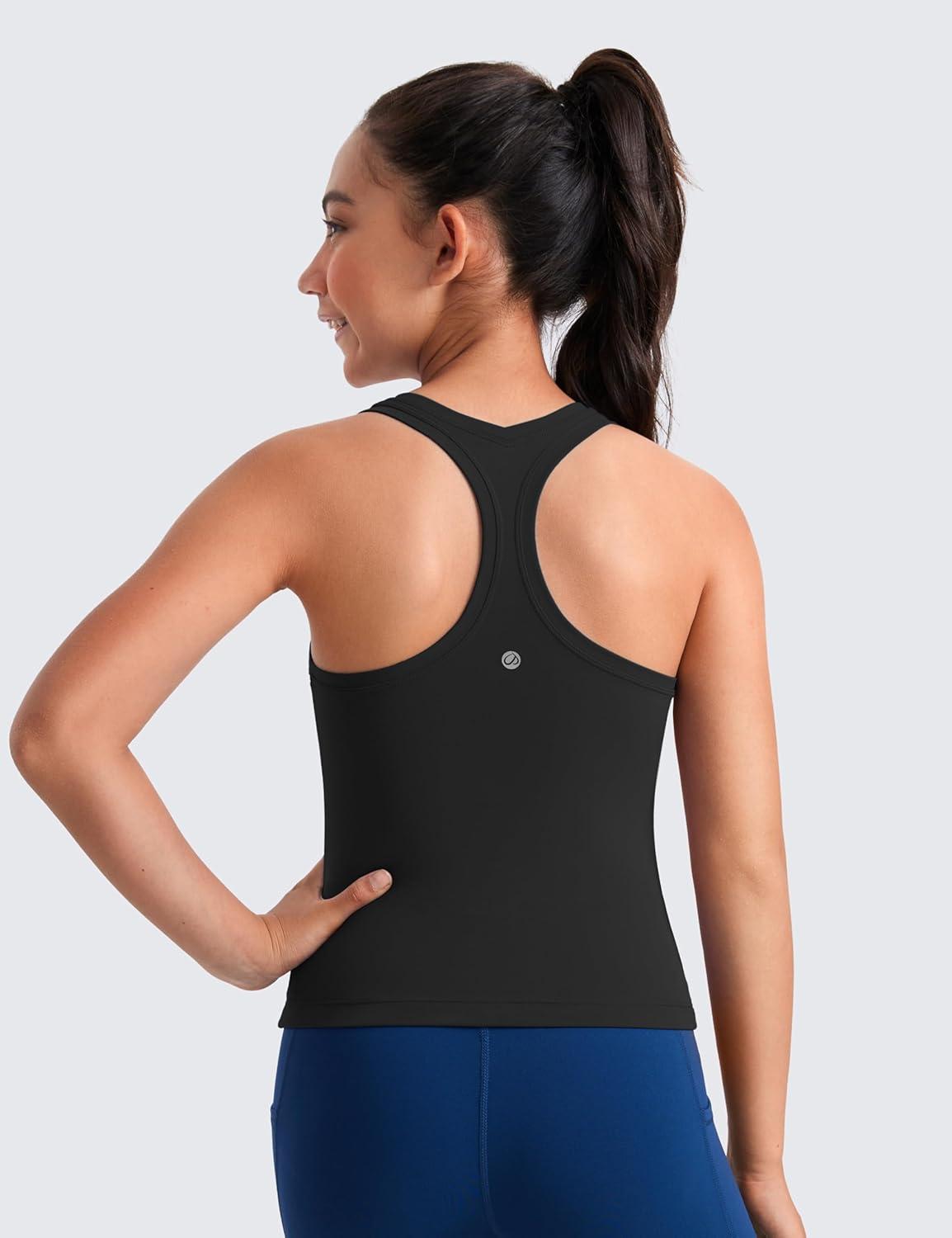 imageCRZ YOGA Girls Butterluxe Crew Neck Tank Tops Waist Length Dance Yoga Athletic Casual Racerback Tight Kids TeenBlack