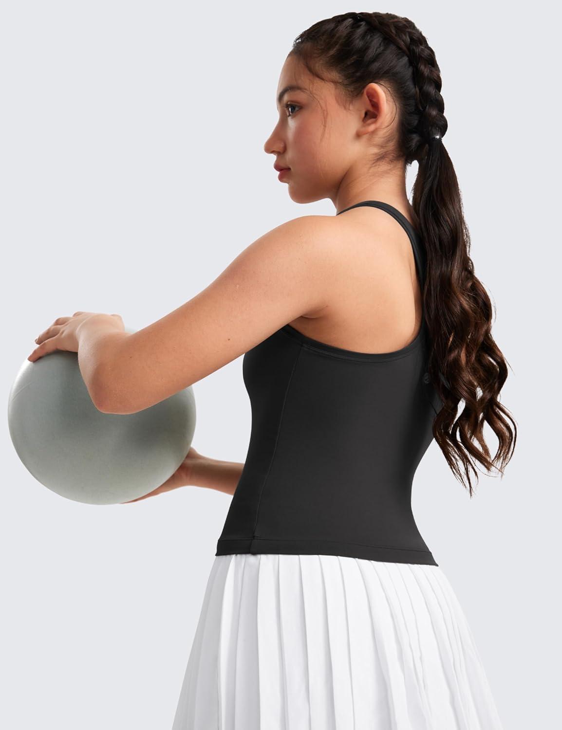 imageCRZ YOGA Girls Butterluxe Crew Neck Tank Tops Waist Length Dance Yoga Athletic Casual Racerback Tight Kids TeenBlack