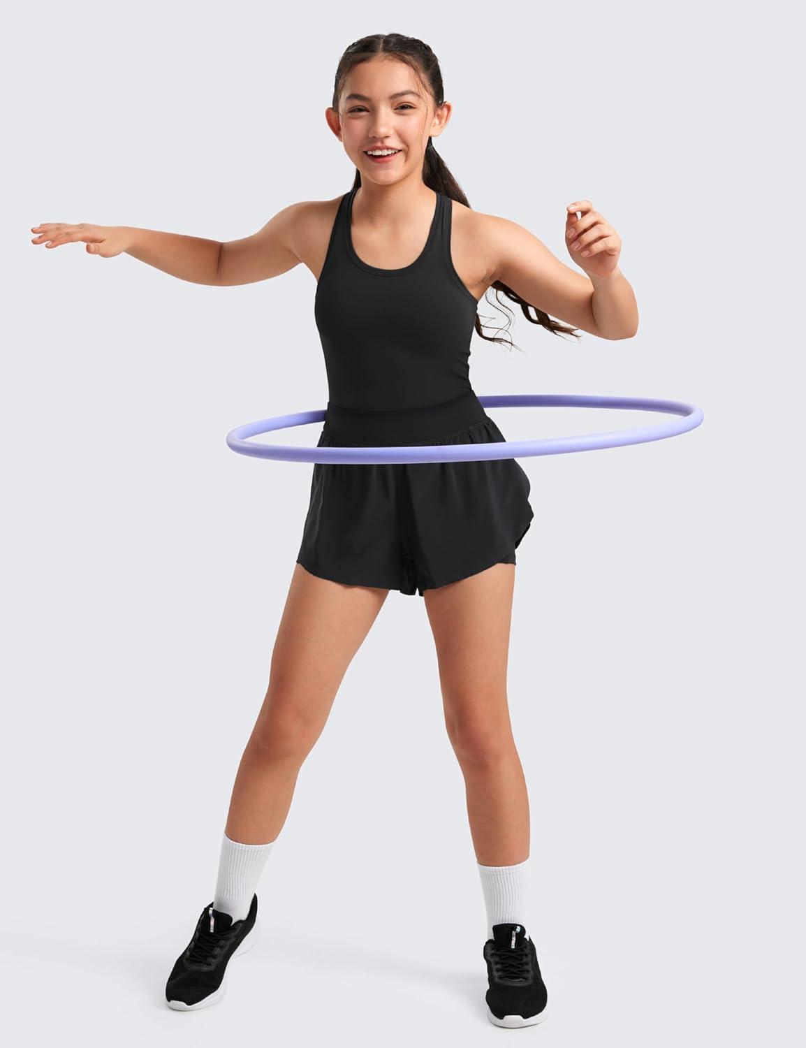 imageCRZ YOGA Girls Butterluxe Crew Neck Tank Tops Waist Length Dance Yoga Athletic Casual Racerback Tight Kids TeenBlack