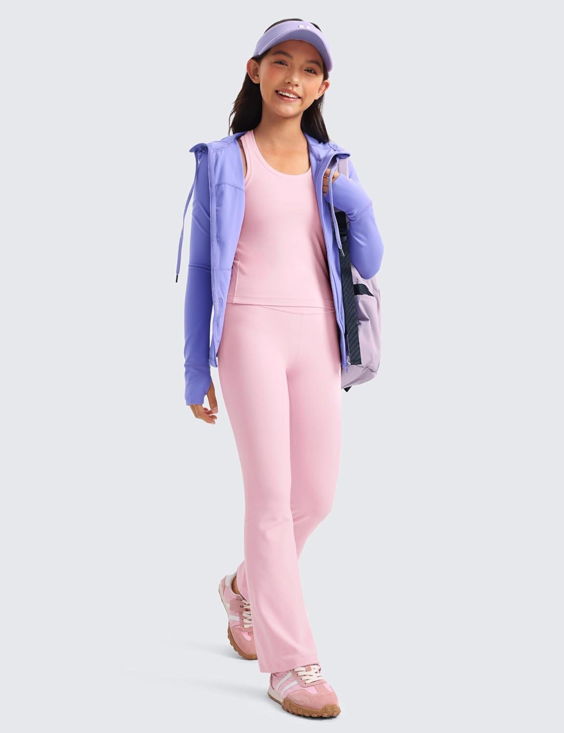 imageCRZ YOGA Girls Butterluxe Crew Neck Tank Tops Waist Length Dance Yoga Athletic Casual Racerback Tight Kids TeenPink Peony