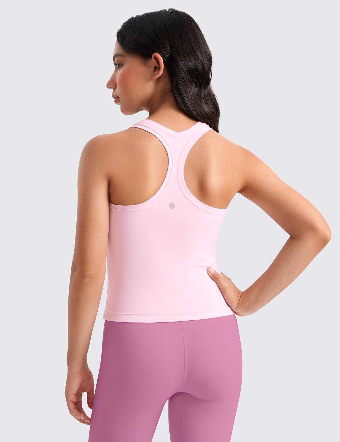 imageCRZ YOGA Girls Butterluxe Crew Neck Tank Tops Waist Length Dance Yoga Athletic Casual Racerback Tight Kids TeenPink Peony