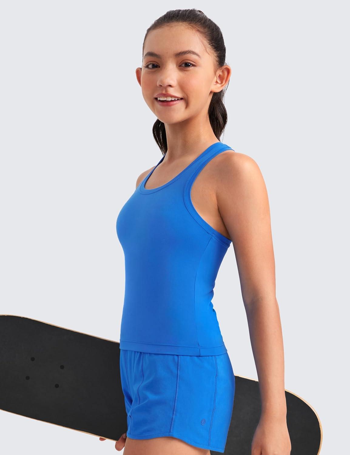 imageCRZ YOGA Girls Butterluxe Crew Neck Tank Tops Waist Length Dance Yoga Athletic Casual Racerback Tight Kids TeenSparkle Blue