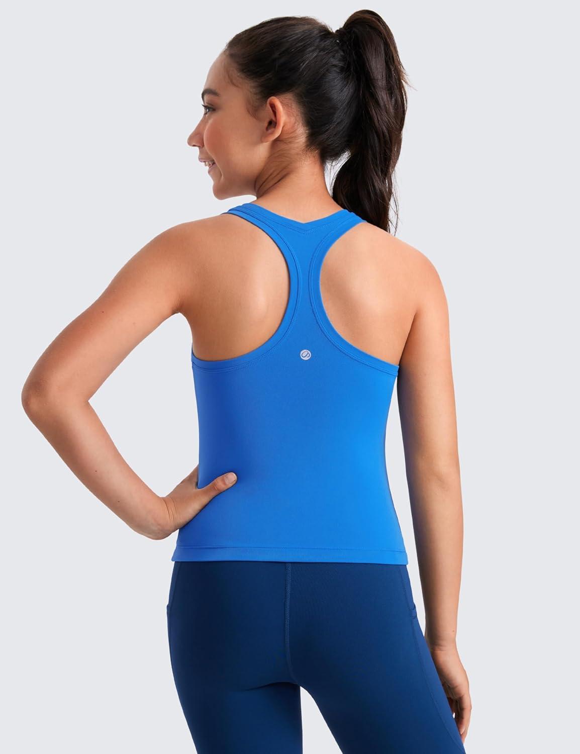 imageCRZ YOGA Girls Butterluxe Crew Neck Tank Tops Waist Length Dance Yoga Athletic Casual Racerback Tight Kids TeenSparkle Blue