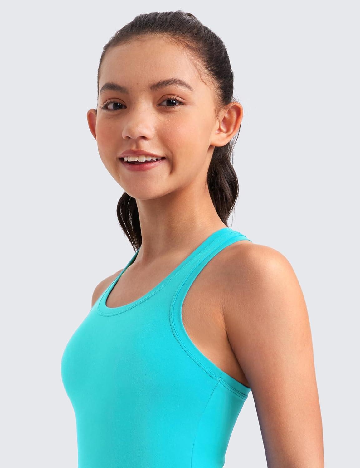 imageCRZ YOGA Girls Butterluxe Crew Neck Tank Tops Waist Length Dance Yoga Athletic Casual Racerback Tight Kids TeenSpectral Blue
