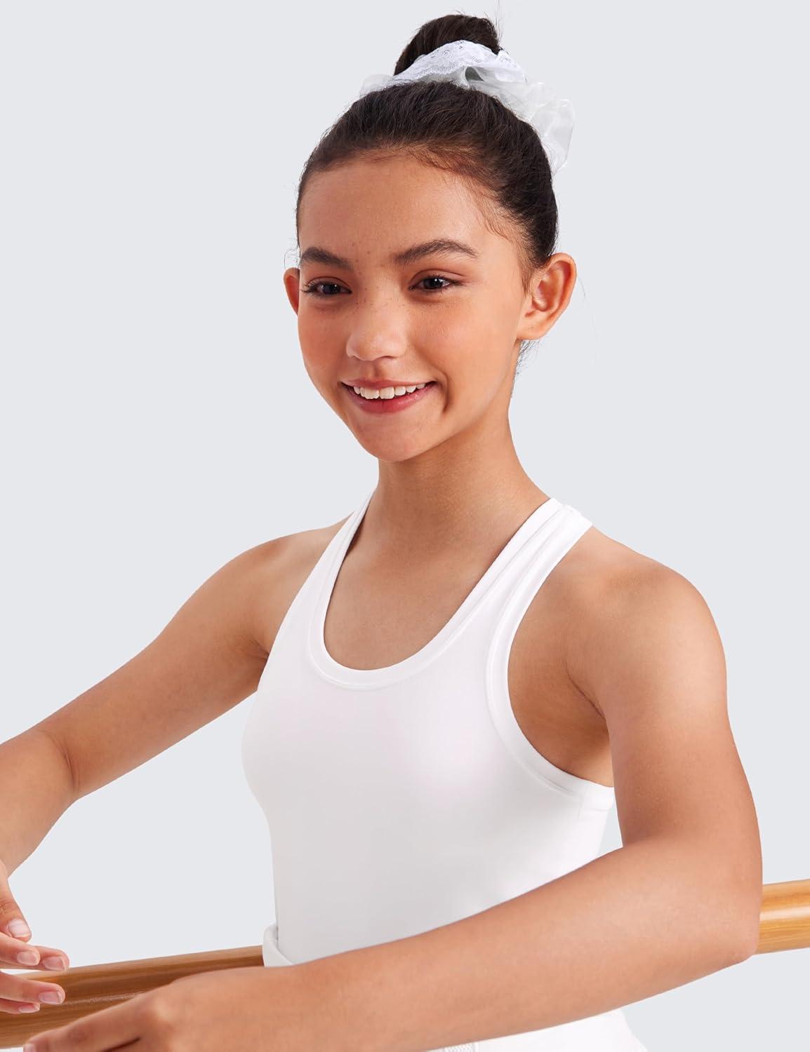 imageCRZ YOGA Girls Butterluxe Crew Neck Tank Tops Waist Length Dance Yoga Athletic Casual Racerback Tight Kids TeenWhite