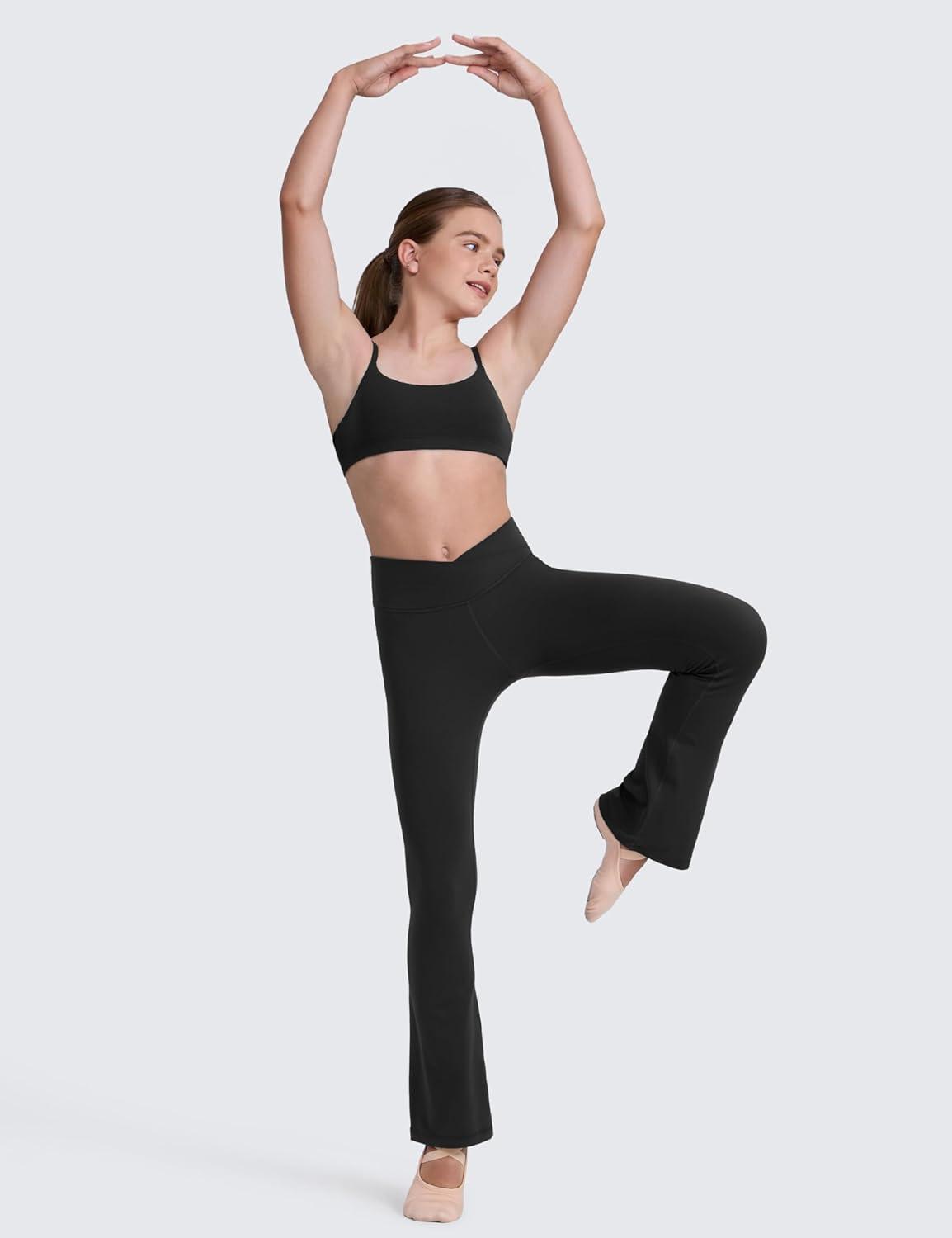 imageCRZ YOGA Girls Butterluxe Crossover Waist Yoga Flare Leggings Dance Casual Athletic Pants Bell Bottoms Kids TeenBlack