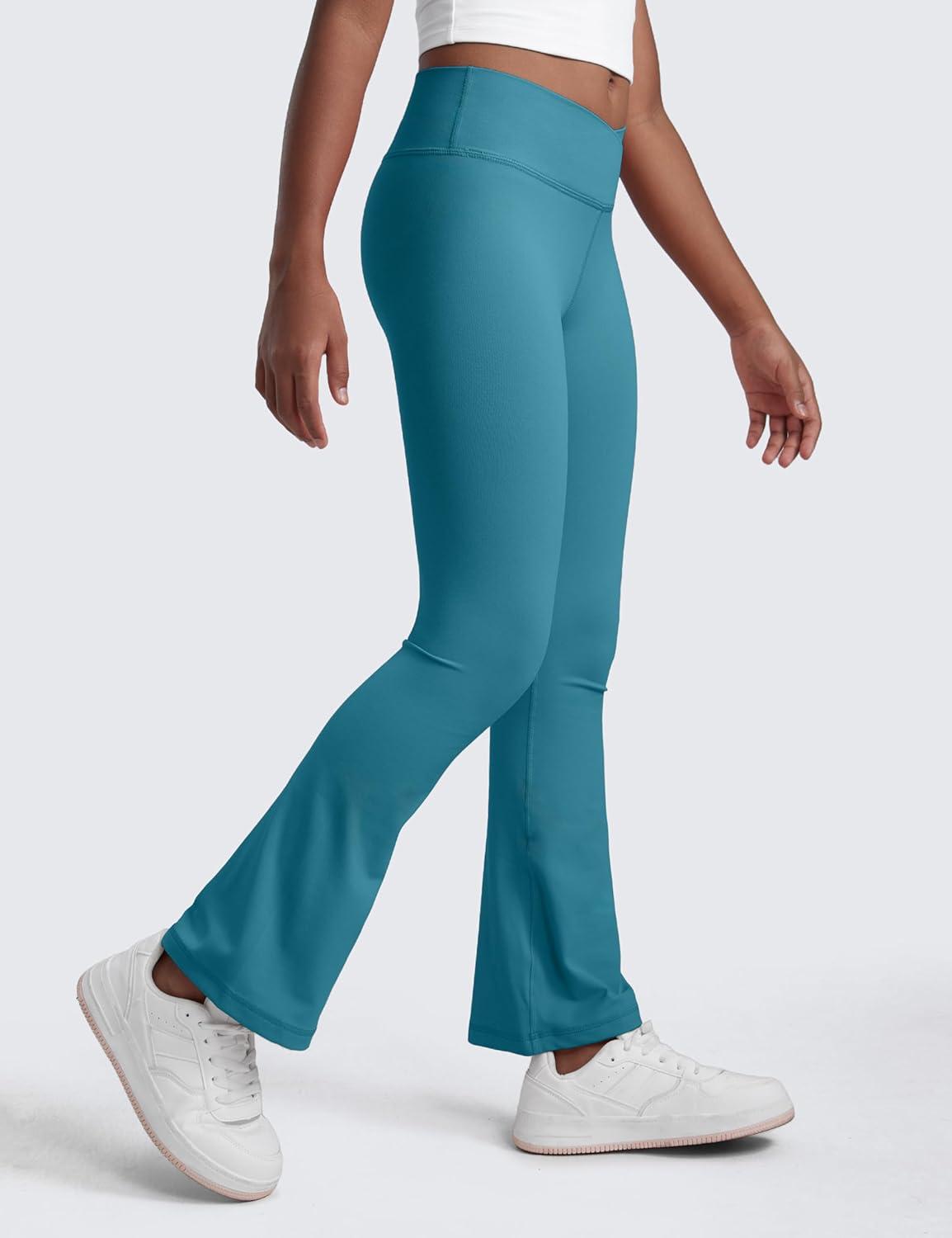imageCRZ YOGA Girls Butterluxe Crossover Waist Yoga Flare Leggings Dance Casual Athletic Pants Bell Bottoms Kids TeenBorealis Green