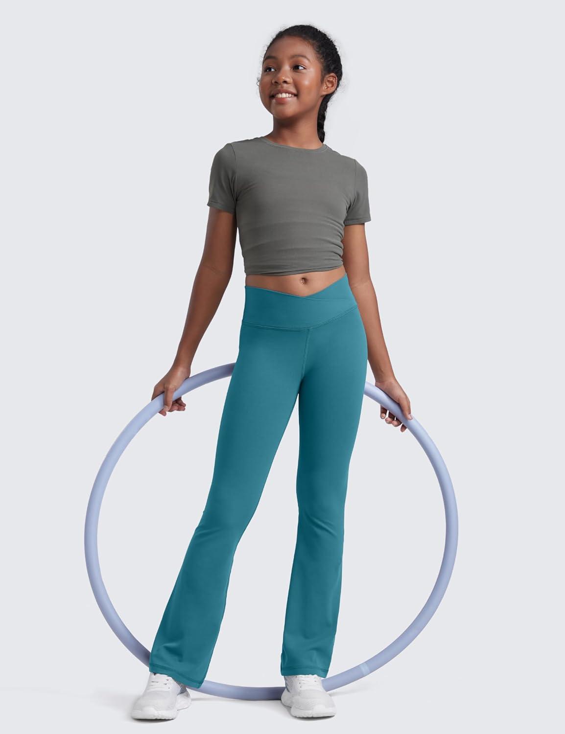 imageCRZ YOGA Girls Butterluxe Crossover Waist Yoga Flare Leggings Dance Casual Athletic Pants Bell Bottoms Kids TeenBorealis Green