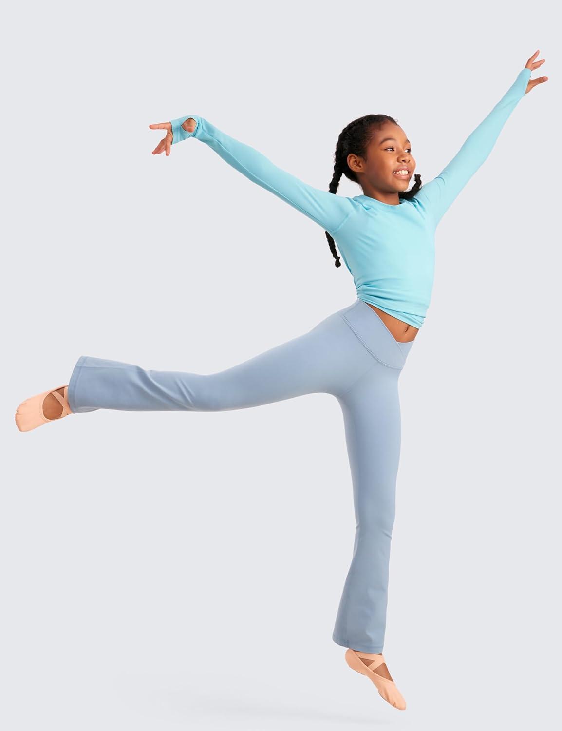 imageCRZ YOGA Girls Butterluxe Crossover Waist Yoga Flare Leggings Dance Casual Athletic Pants Bell Bottoms Kids TeenCambric Blue