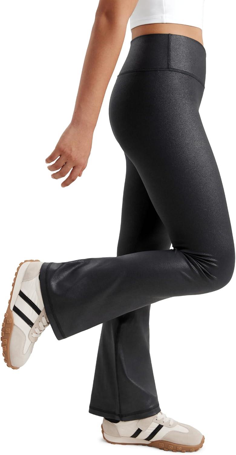 imageCRZ YOGA Girls Butterluxe Crossover Waist Yoga Flare Leggings Dance Casual Athletic Pants Bell Bottoms Kids TeenFaux Leather Black