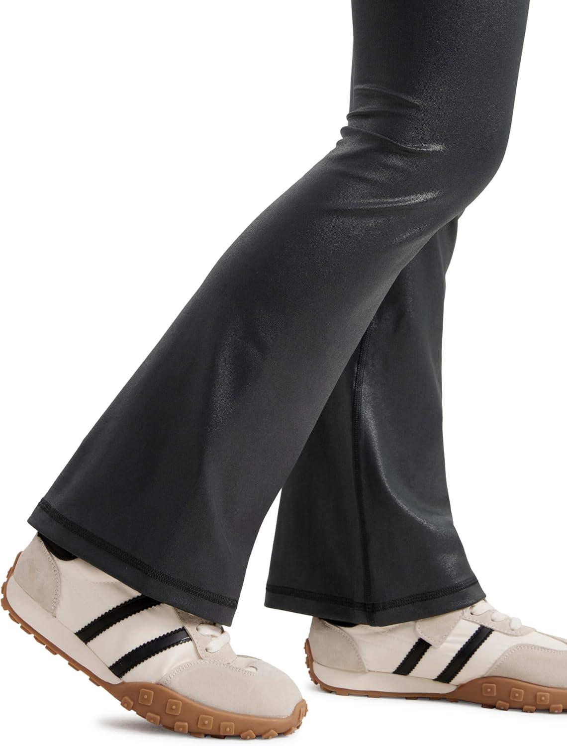 imageCRZ YOGA Girls Butterluxe Crossover Waist Yoga Flare Leggings Dance Casual Athletic Pants Bell Bottoms Kids TeenFaux Leather Black