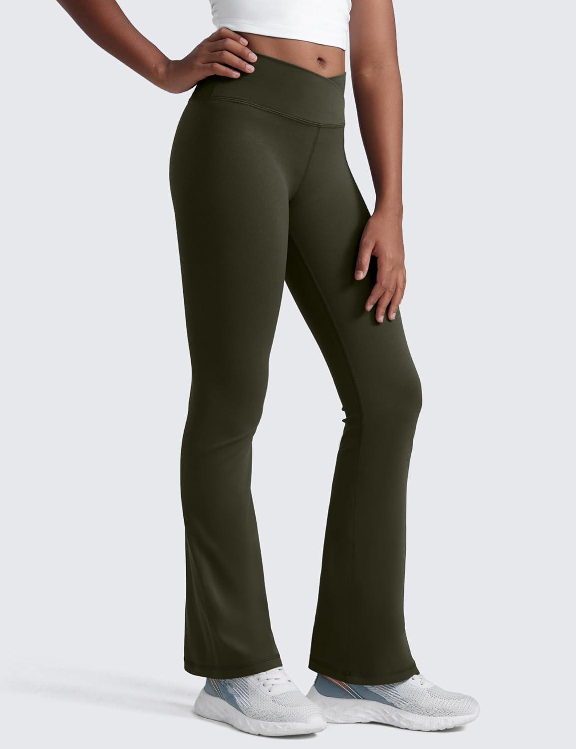 imageCRZ YOGA Girls Butterluxe Crossover Waist Yoga Flare Leggings Dance Casual Athletic Pants Bell Bottoms Kids TeenOlive Green