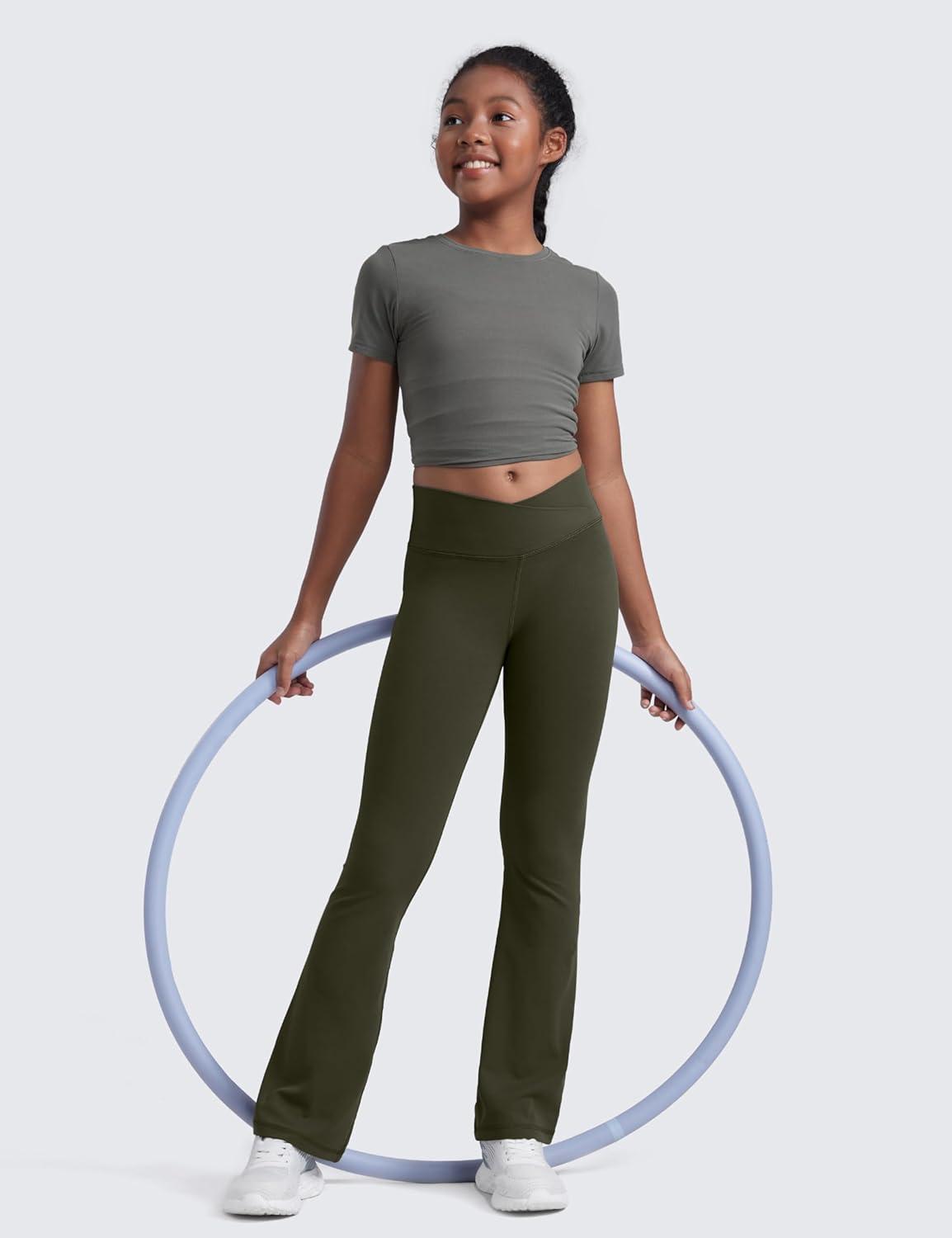 imageCRZ YOGA Girls Butterluxe Crossover Waist Yoga Flare Leggings Dance Casual Athletic Pants Bell Bottoms Kids TeenOlive Green