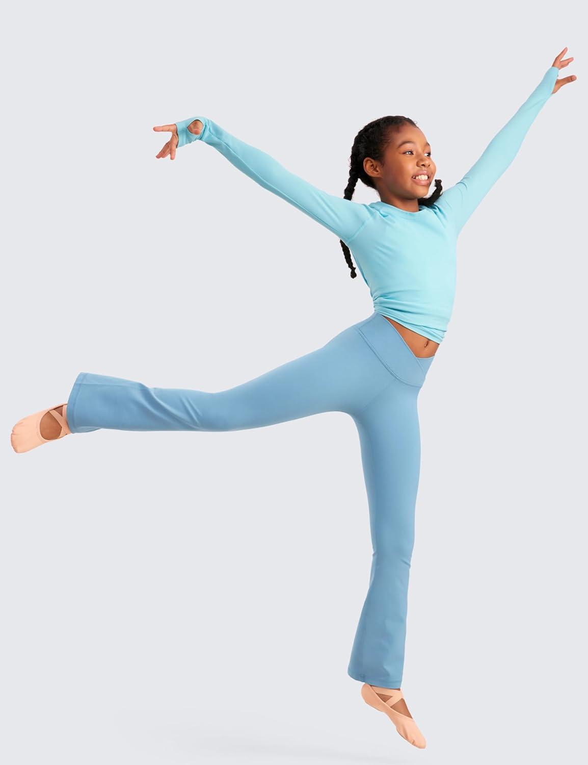 imageCRZ YOGA Girls Butterluxe Crossover Waist Yoga Flare Leggings Dance Casual Athletic Pants Bell Bottoms Kids TeenPure Blue