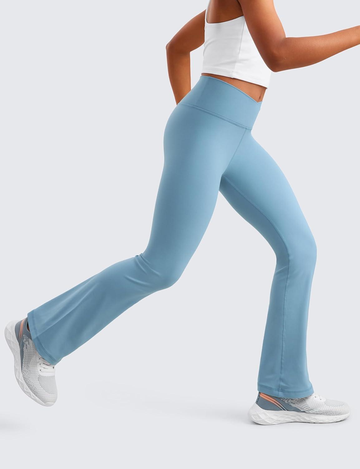 imageCRZ YOGA Girls Butterluxe Crossover Waist Yoga Flare Leggings Dance Casual Athletic Pants Bell Bottoms Kids TeenPure Blue