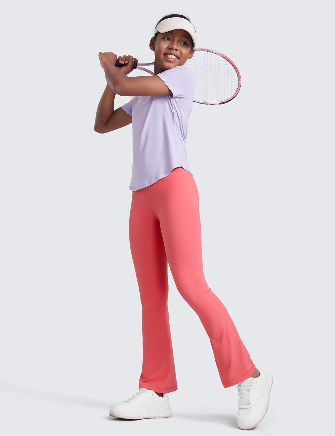 imageCRZ YOGA Girls Butterluxe Crossover Waist Yoga Flare Leggings Dance Casual Athletic Pants Bell Bottoms Kids TeenRaspberry Sorbet