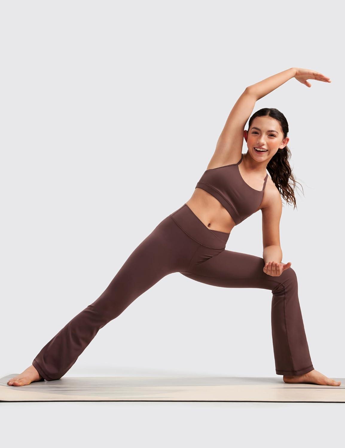 imageCRZ YOGA Girls Butterluxe Crossover Waist Yoga Flare Leggings Dance Casual Athletic Pants Bell Bottoms Kids TeenTaupe