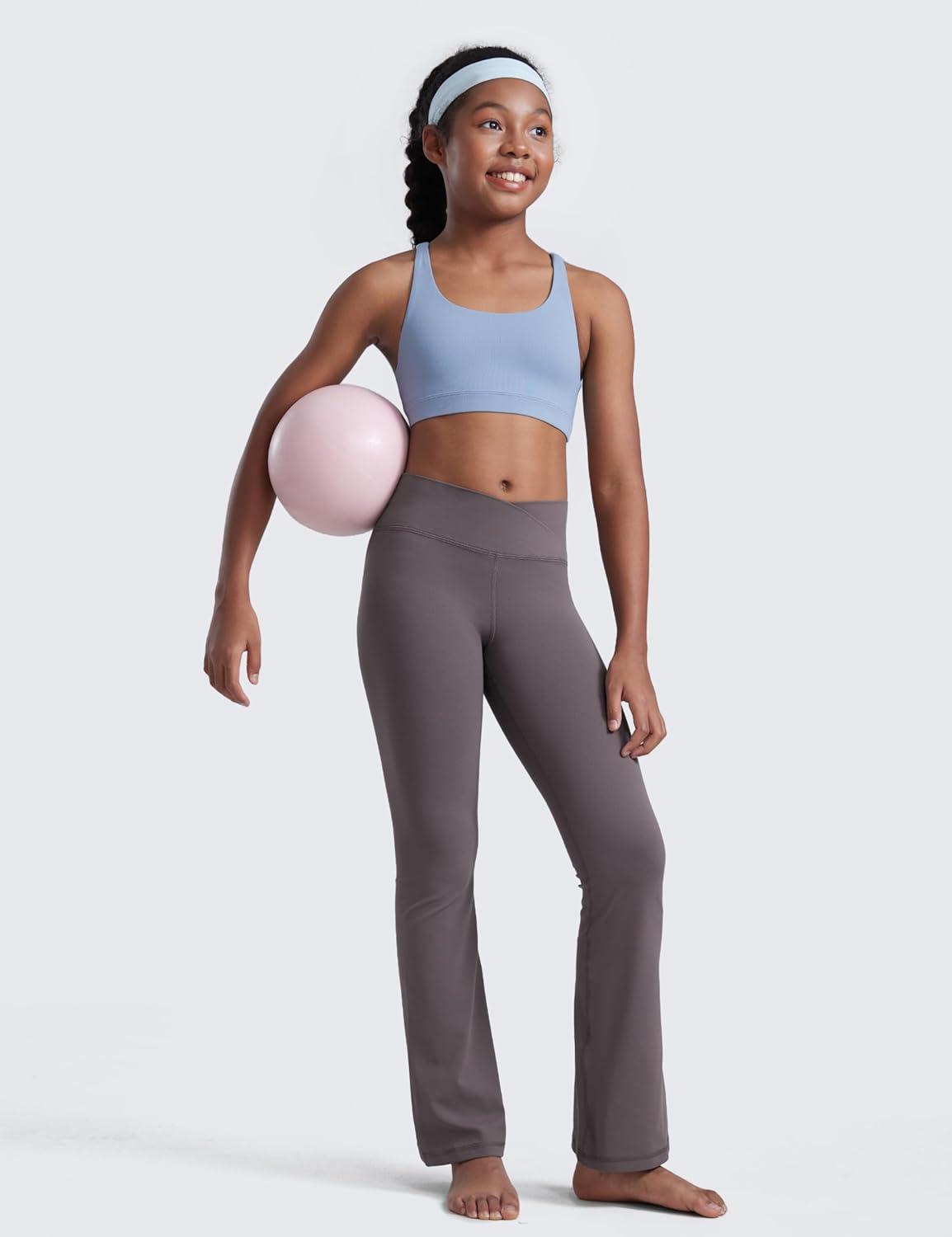 imageCRZ YOGA Girls Butterluxe Crossover Waist Yoga Flare Leggings Dance Casual Athletic Pants Bell Bottoms Kids TeenTornado Grey