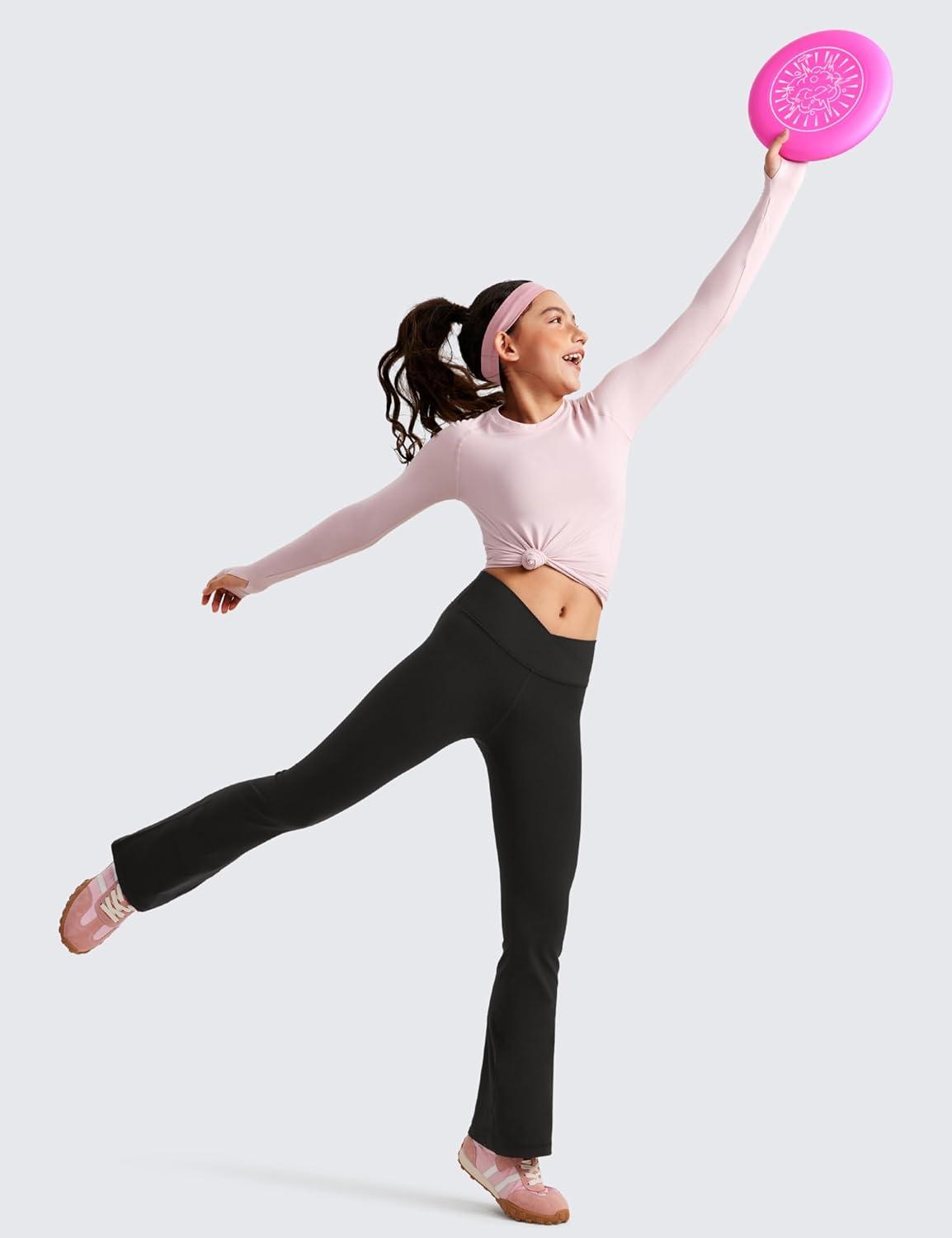 imageCRZ YOGA Girls Butterluxe Crossover Waist Yoga Flare Leggings Dance Casual Athletic Pants Bell Bottoms Kids TeenTrue Navy