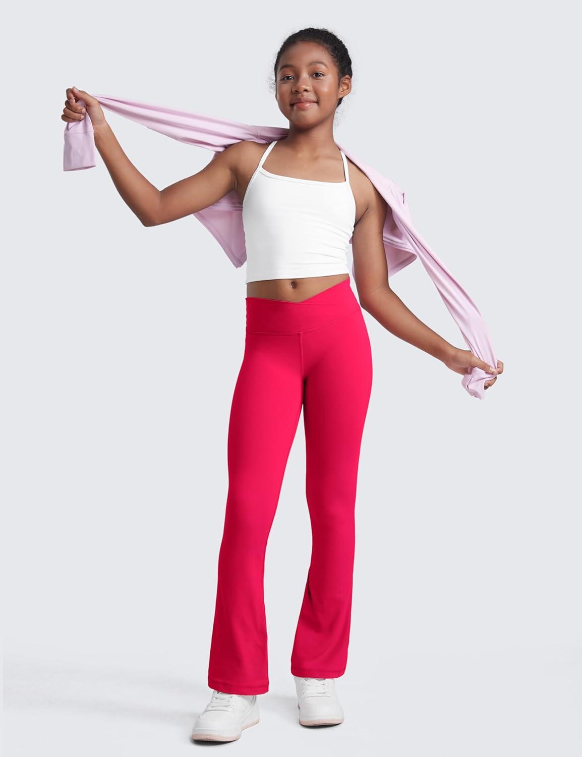 imageCRZ YOGA Girls Butterluxe Crossover Waist Yoga Flare Leggings Dance Casual Athletic Pants Bell Bottoms Kids TeenViva Magenta