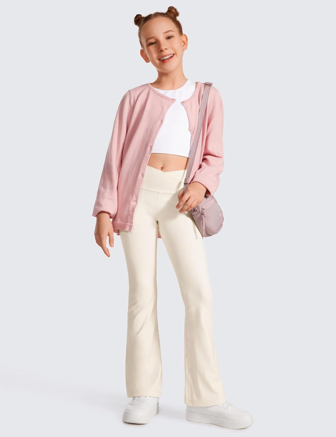 imageCRZ YOGA Girls Butterluxe Crossover Waist Yoga Flare Leggings Dance Casual Athletic Pants Bell Bottoms Kids TeenWhite Apricot