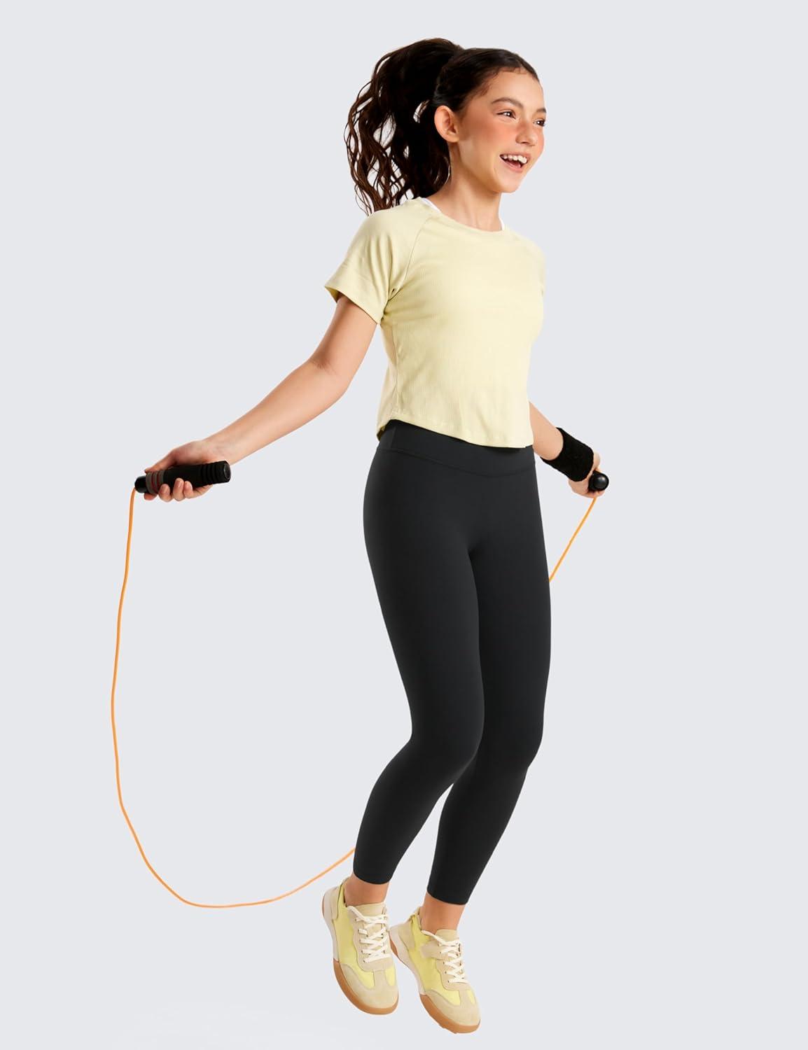 imageCRZ YOGA Girls Butterluxe Crossover Waist Yoga Leggings Athletic Sports Casual Pants V Cross Tights Kids TeenBlack