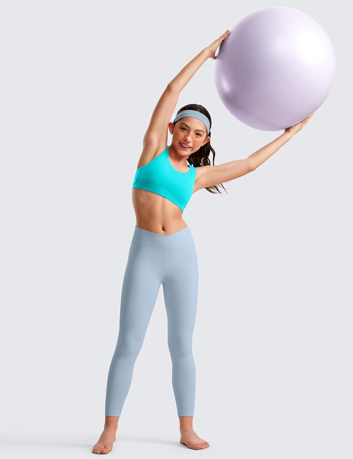 imageCRZ YOGA Girls Butterluxe Crossover Waist Yoga Leggings Athletic Sports Casual Pants V Cross Tights Kids TeenCambric Blue