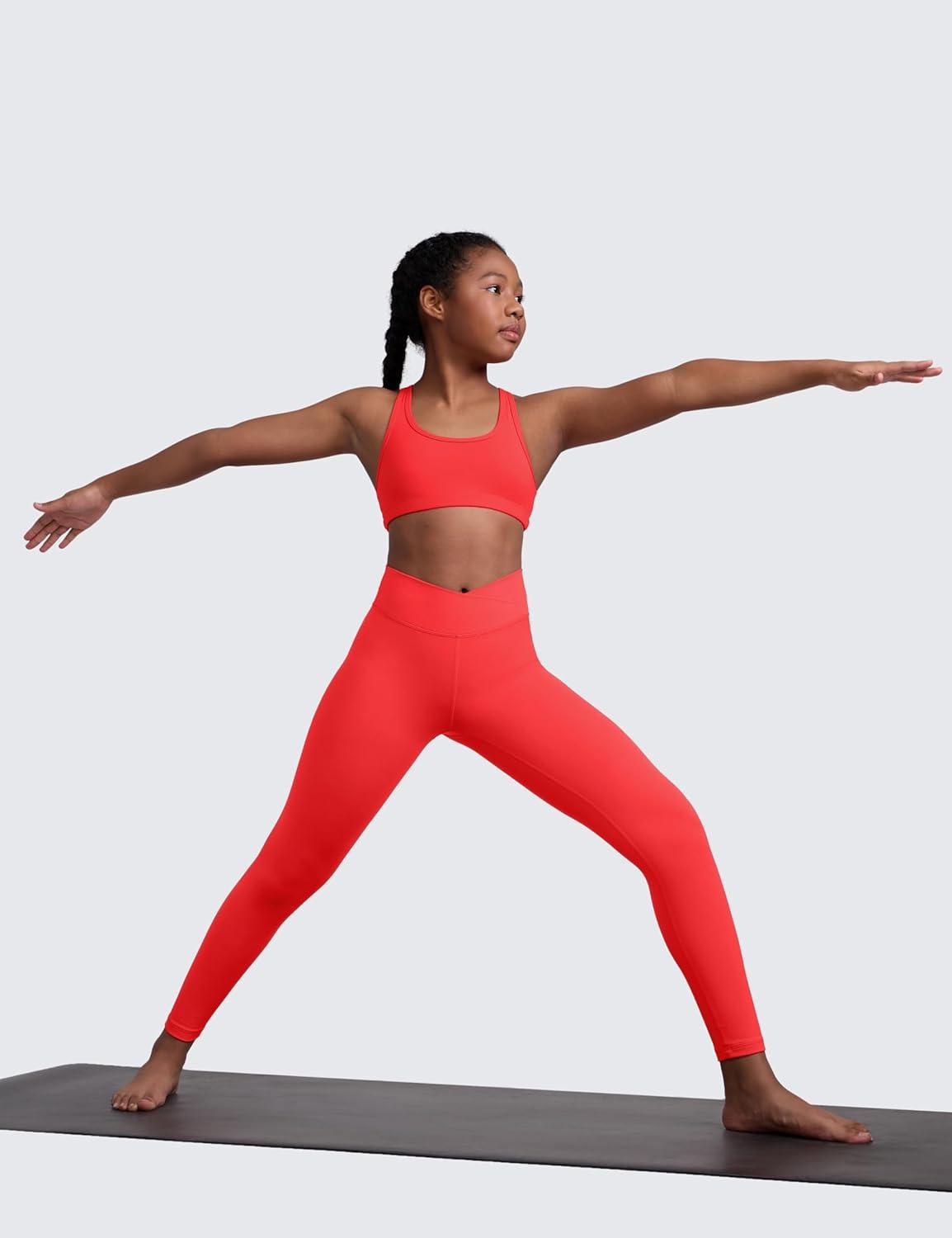 imageCRZ YOGA Girls Butterluxe Crossover Waist Yoga Leggings Athletic Sports Casual Pants V Cross Tights Kids TeenDeep Red