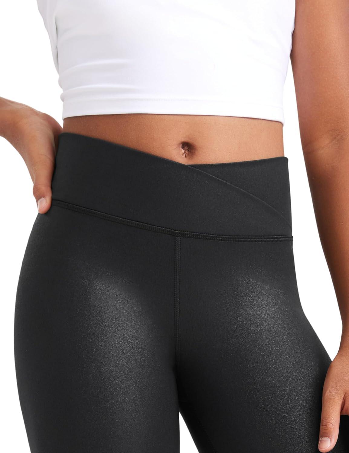 imageCRZ YOGA Girls Butterluxe Crossover Waist Yoga Leggings Athletic Sports Casual Pants V Cross Tights Kids TeenFaux Leather Black