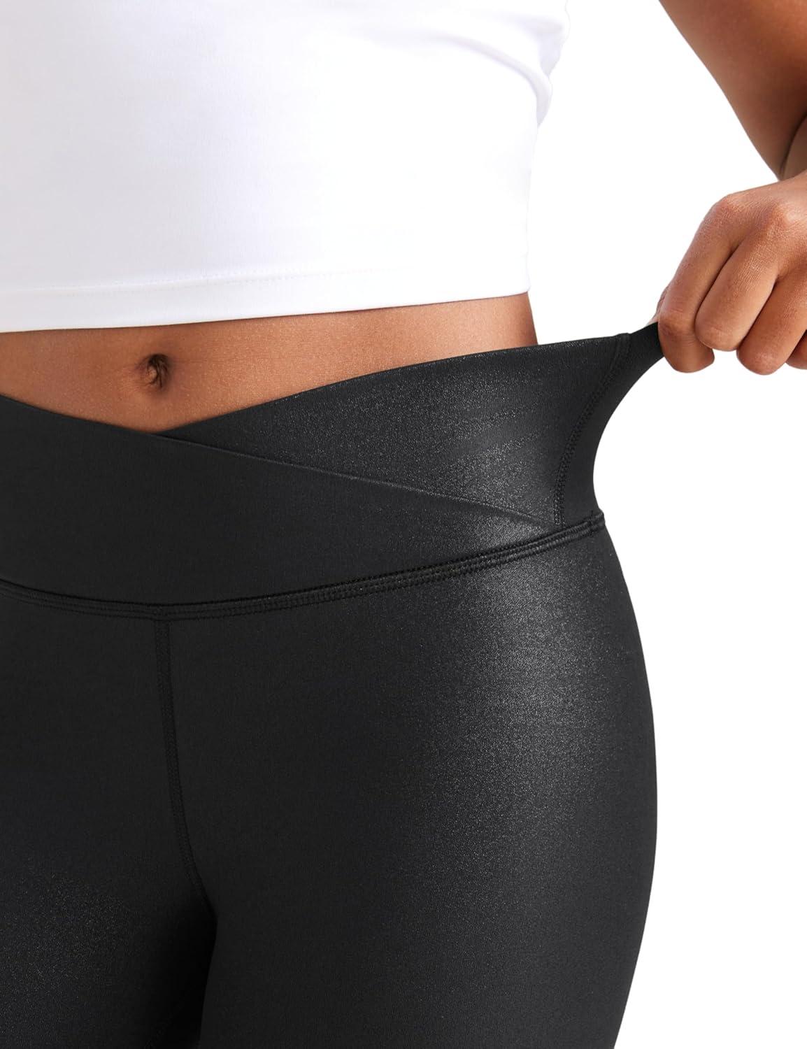 imageCRZ YOGA Girls Butterluxe Crossover Waist Yoga Leggings Athletic Sports Casual Pants V Cross Tights Kids TeenFaux Leather Black