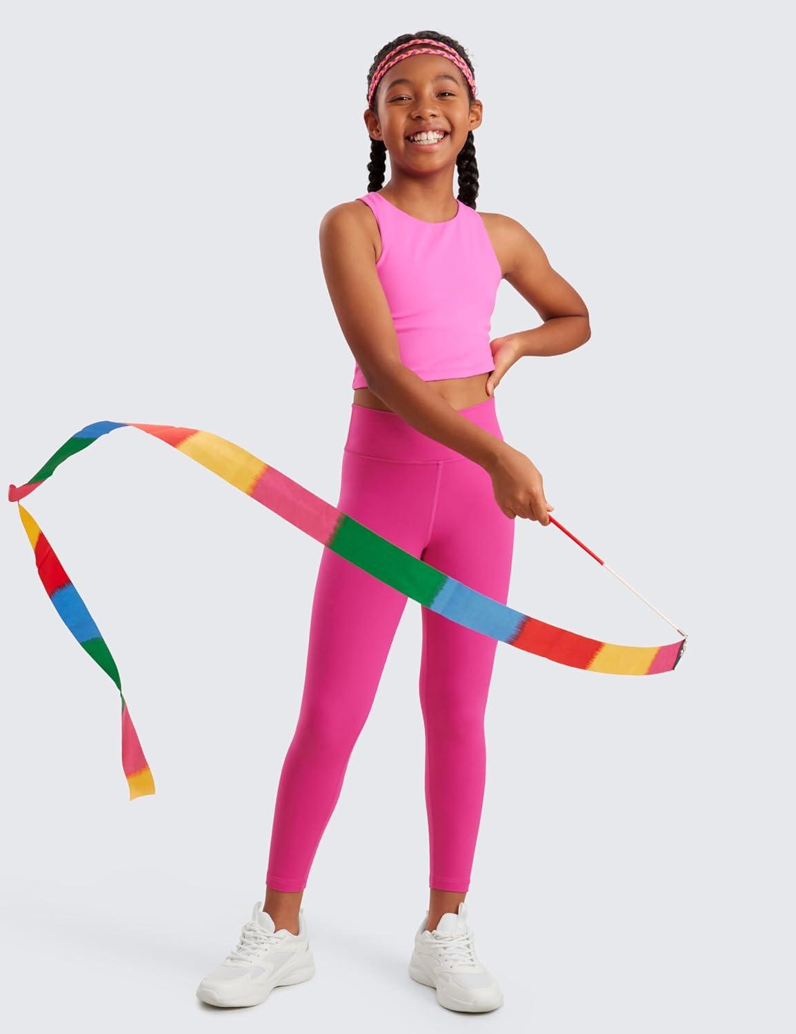 imageCRZ YOGA Girls Butterluxe Crossover Waist Yoga Leggings Athletic Sports Casual Pants V Cross Tights Kids TeenHibiscus Purple