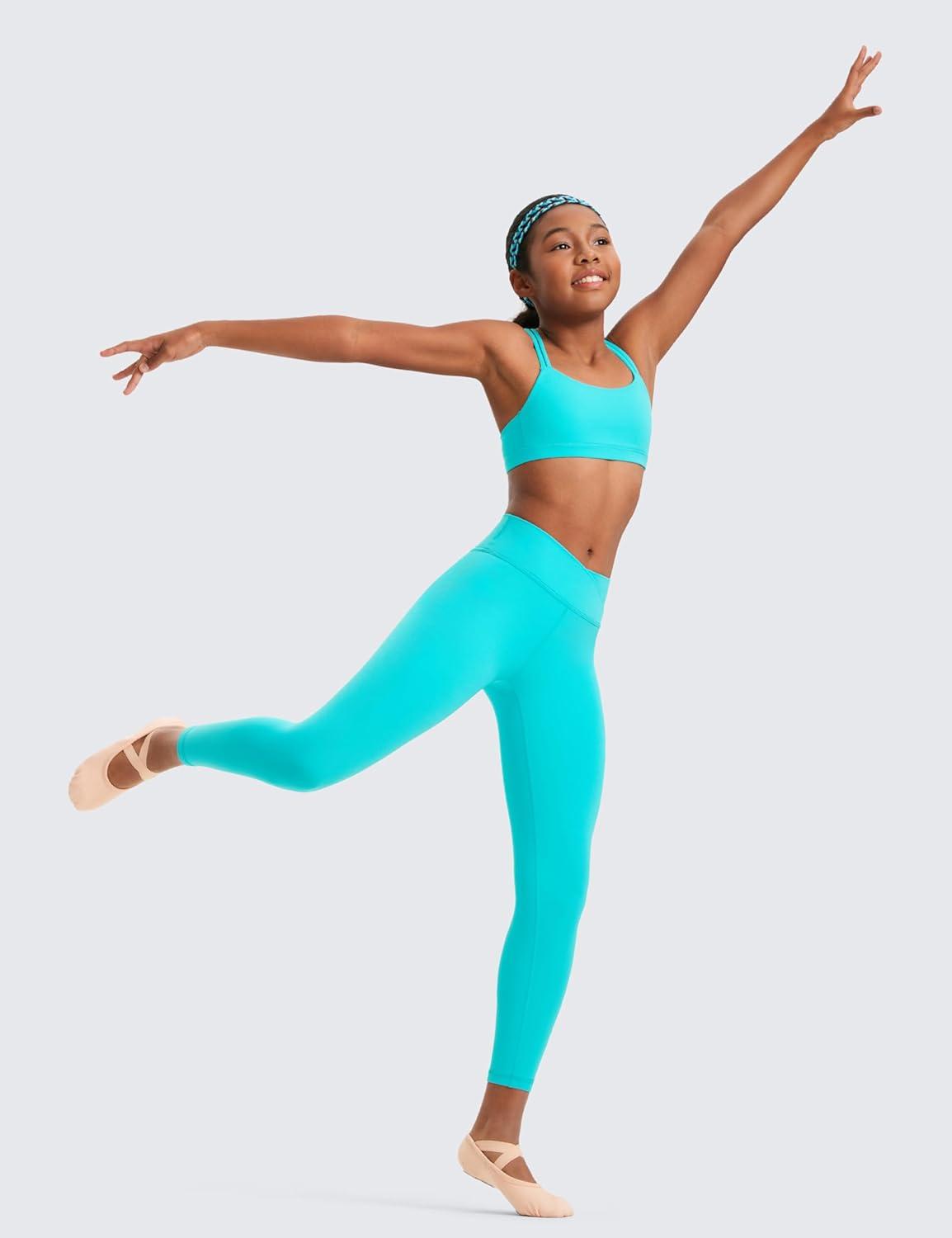 imageCRZ YOGA Girls Butterluxe Crossover Waist Yoga Leggings Athletic Sports Casual Pants V Cross Tights Kids TeenNeonspectral Blue