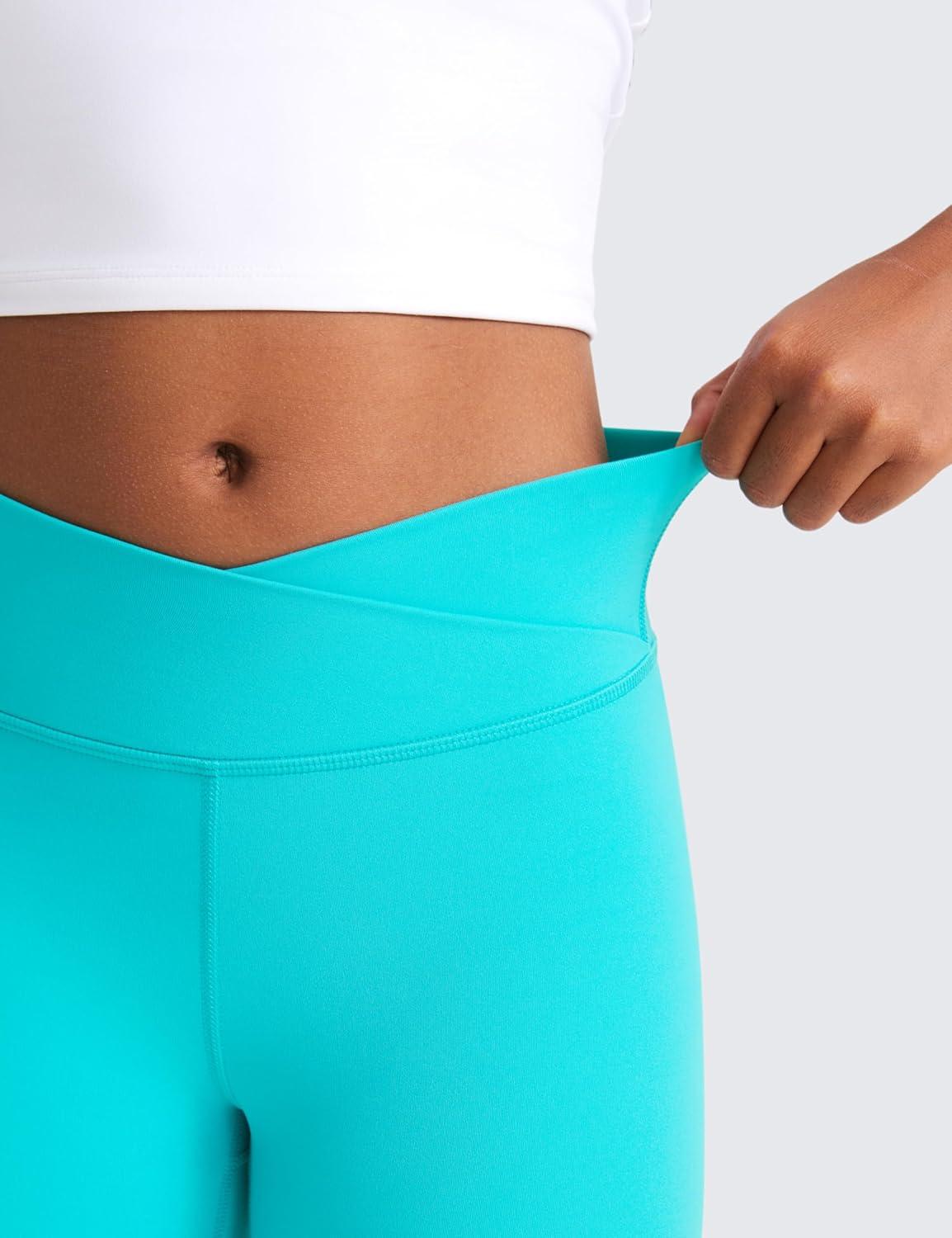 imageCRZ YOGA Girls Butterluxe Crossover Waist Yoga Leggings Athletic Sports Casual Pants V Cross Tights Kids TeenNeonspectral Blue