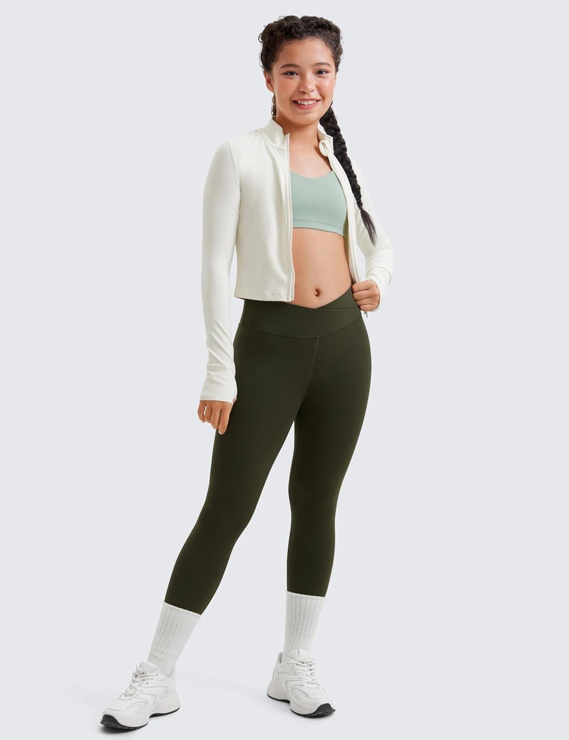 imageCRZ YOGA Girls Butterluxe Crossover Waist Yoga Leggings Athletic Sports Casual Pants V Cross Tights Kids TeenOlive Green
