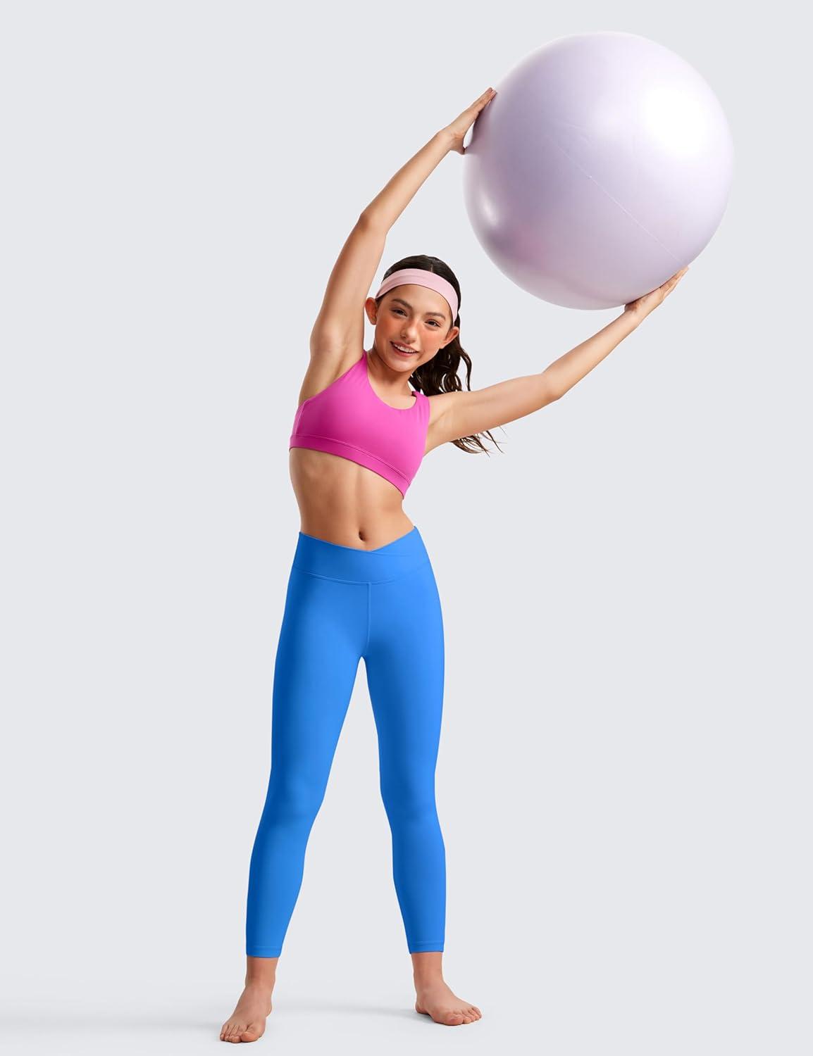 imageCRZ YOGA Girls Butterluxe Crossover Waist Yoga Leggings Athletic Sports Casual Pants V Cross Tights Kids TeenSparkle Blue