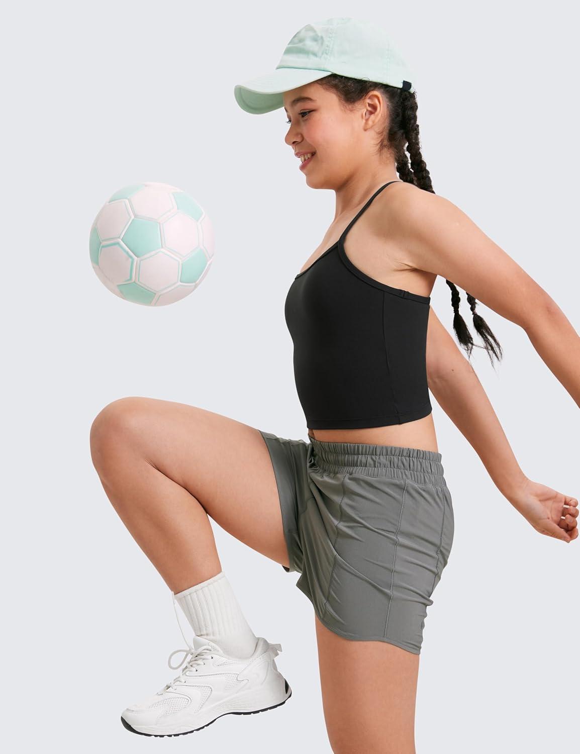 imageCRZ YOGA Girls Butterluxe Double Lined Camisole Tank Tops Crop Dance Yoga Athletic Casual Spaghetti Y Back Kids TeenBlack