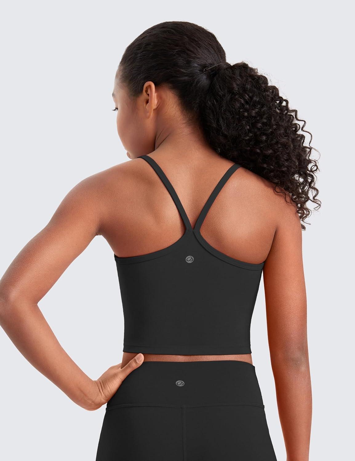 imageCRZ YOGA Girls Butterluxe Double Lined Camisole Tank Tops Crop Dance Yoga Athletic Casual Spaghetti Y Back Kids TeenBlack