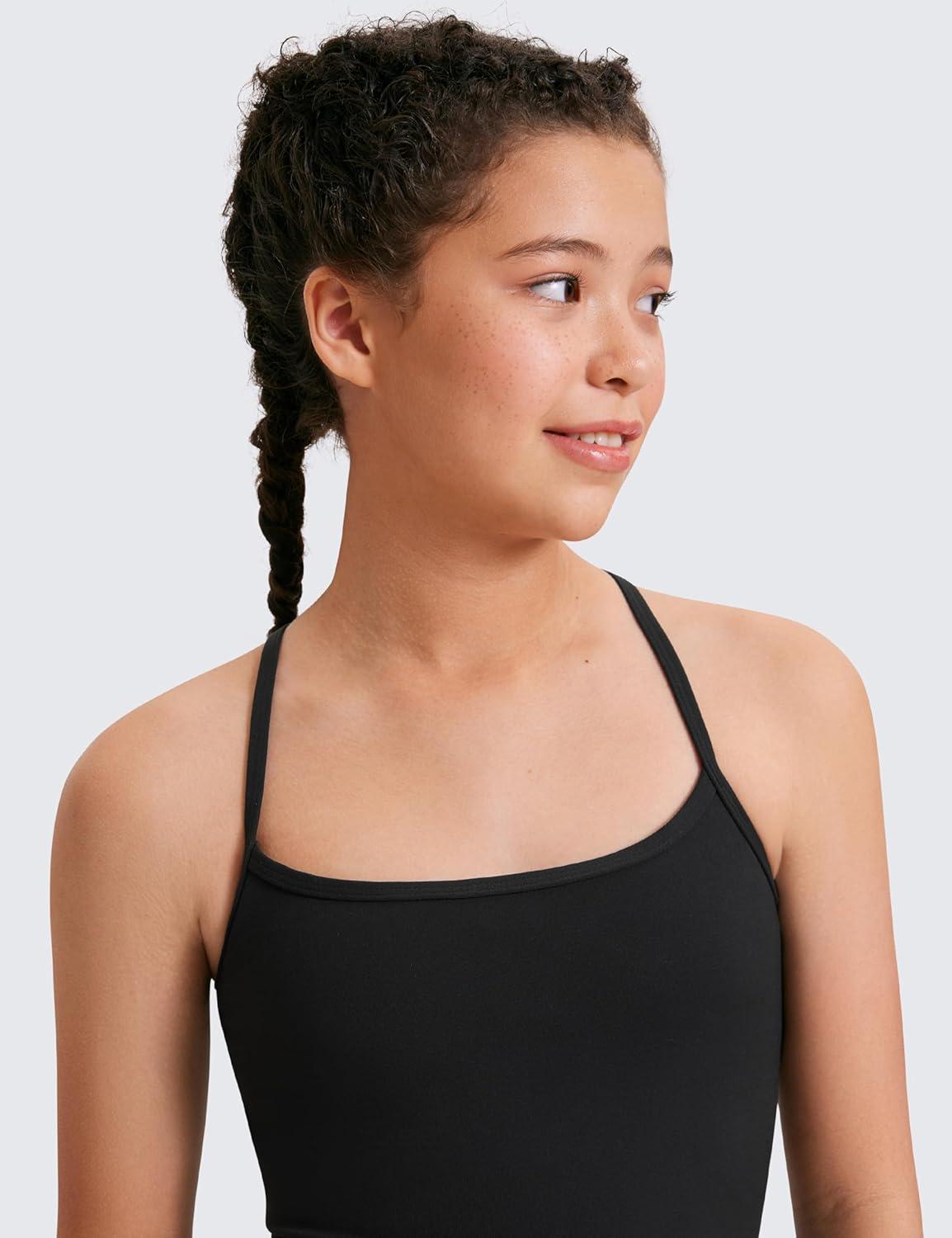 imageCRZ YOGA Girls Butterluxe Double Lined Camisole Tank Tops Crop Dance Yoga Athletic Casual Spaghetti Y Back Kids TeenBlack