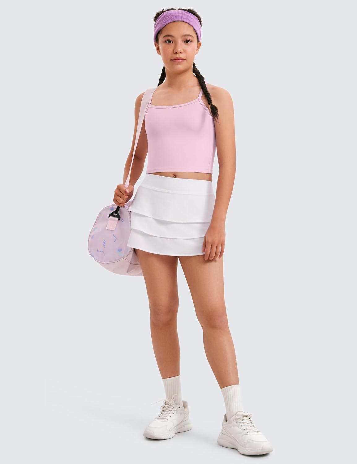 imageCRZ YOGA Girls Butterluxe Double Lined Camisole Tank Tops Crop Dance Yoga Athletic Casual Spaghetti Y Back Kids TeenMilk Pink