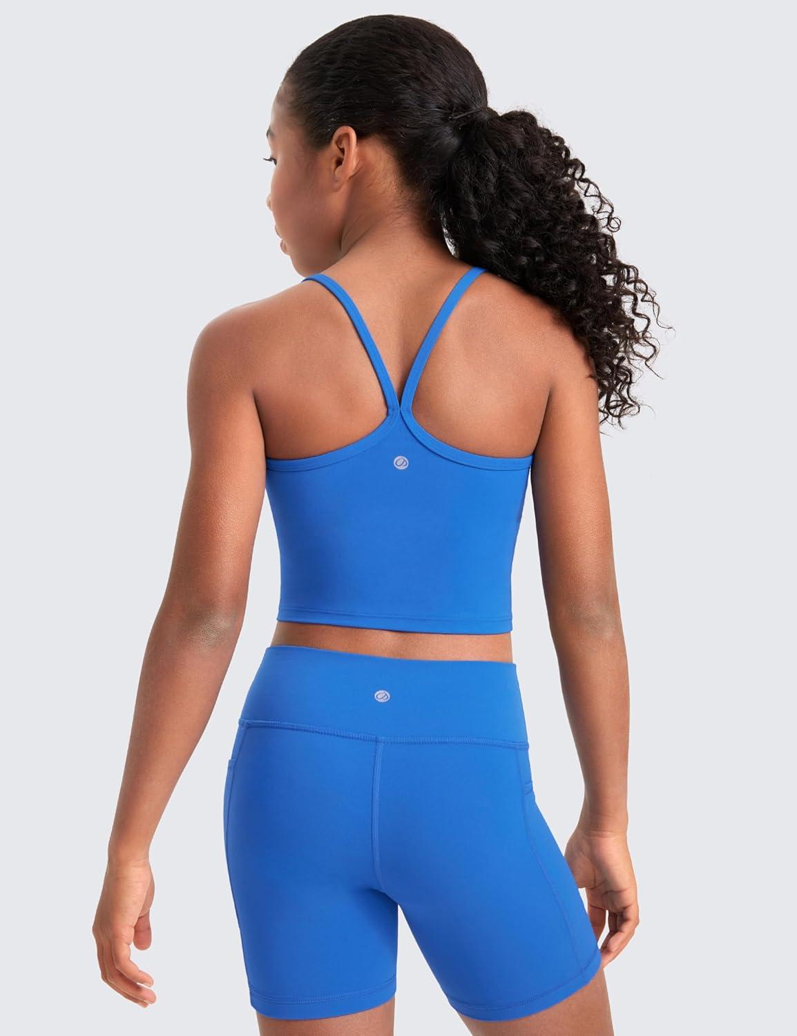 imageCRZ YOGA Girls Butterluxe Double Lined Camisole Tank Tops Crop Dance Yoga Athletic Casual Spaghetti Y Back Kids TeenSparkle Blue