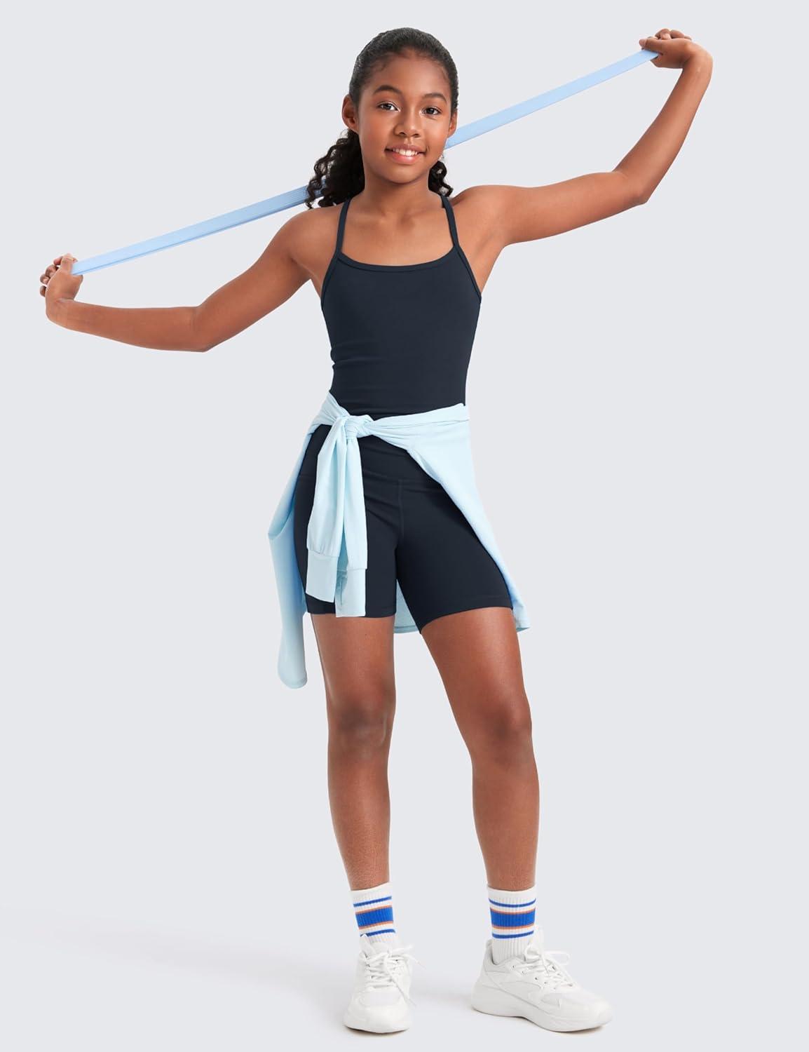 imageCRZ YOGA Girls Butterluxe Double Lined Camisole Tank Tops Crop Dance Yoga Athletic Casual Spaghetti Y Back Kids TeenTwilight Blue