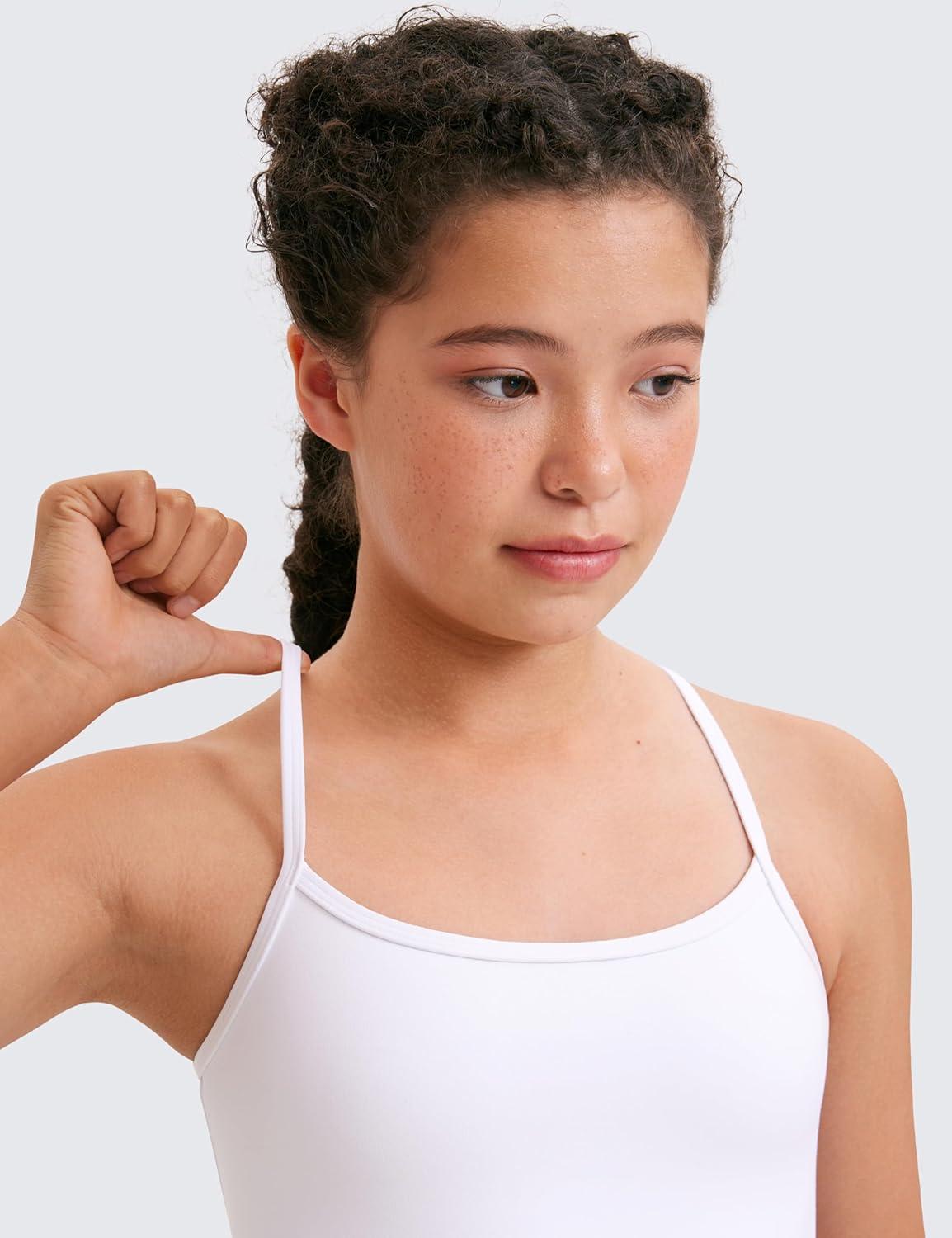 imageCRZ YOGA Girls Butterluxe Double Lined Camisole Tank Tops Crop Dance Yoga Athletic Casual Spaghetti Y Back Kids TeenWhite