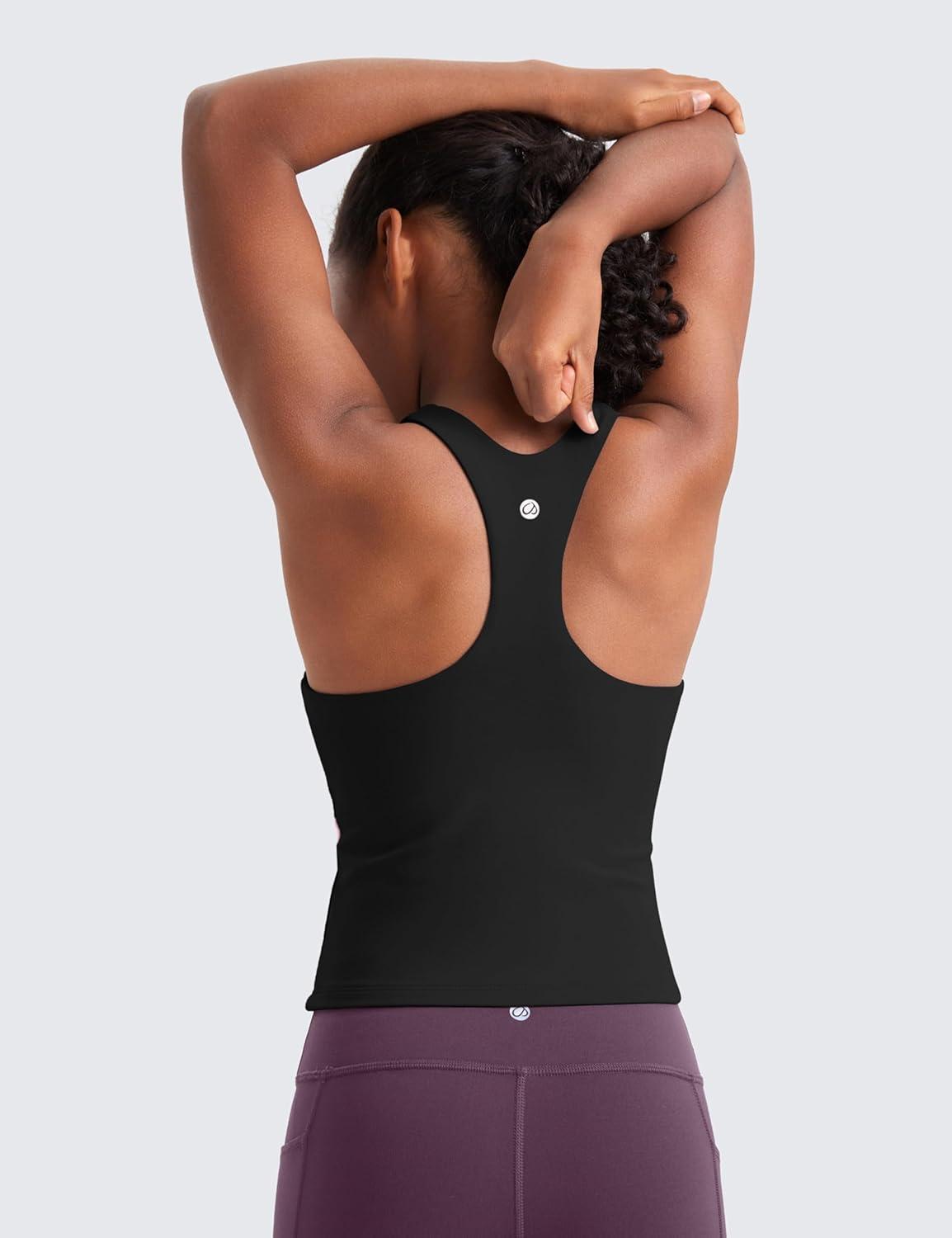 imageCRZ YOGA Girls Butterluxe Double Lined High Neck Tank Tops Waist Length Dance Yoga Athletic Casual Racerback Kids TeenBlack