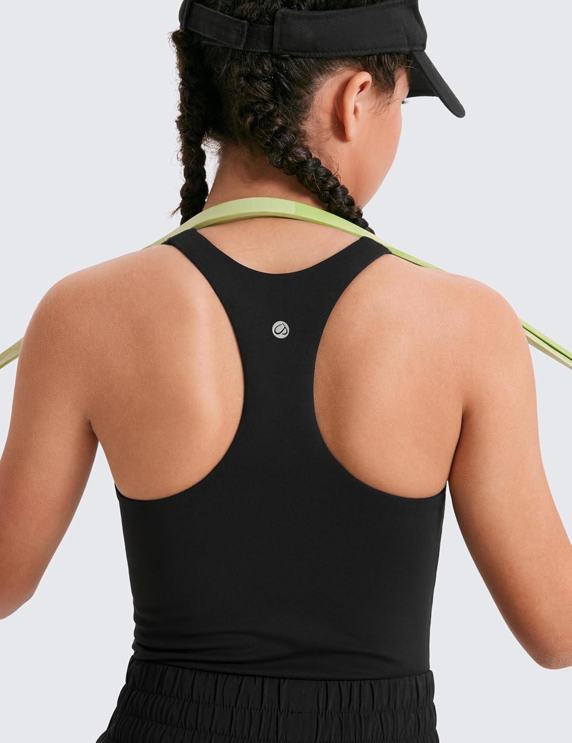 imageCRZ YOGA Girls Butterluxe Double Lined High Neck Tank Tops Waist Length Dance Yoga Athletic Casual Racerback Kids TeenBlack
