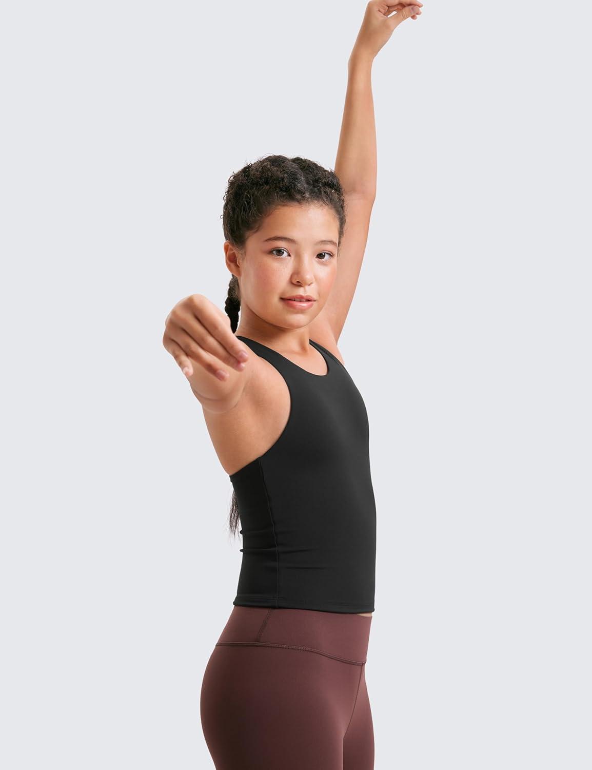imageCRZ YOGA Girls Butterluxe Double Lined High Neck Tank Tops Waist Length Dance Yoga Athletic Casual Racerback Kids TeenBlack